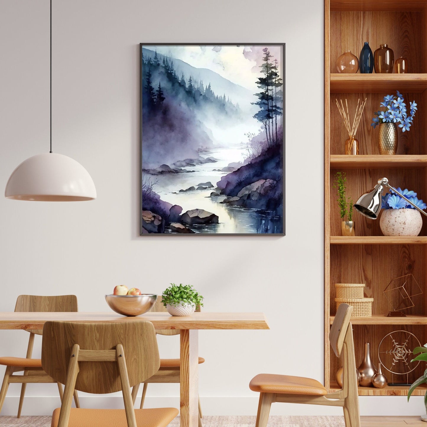 Watercolor Landscape Print, Purple Wall Decor, Moody River Art - WildfieldPrints