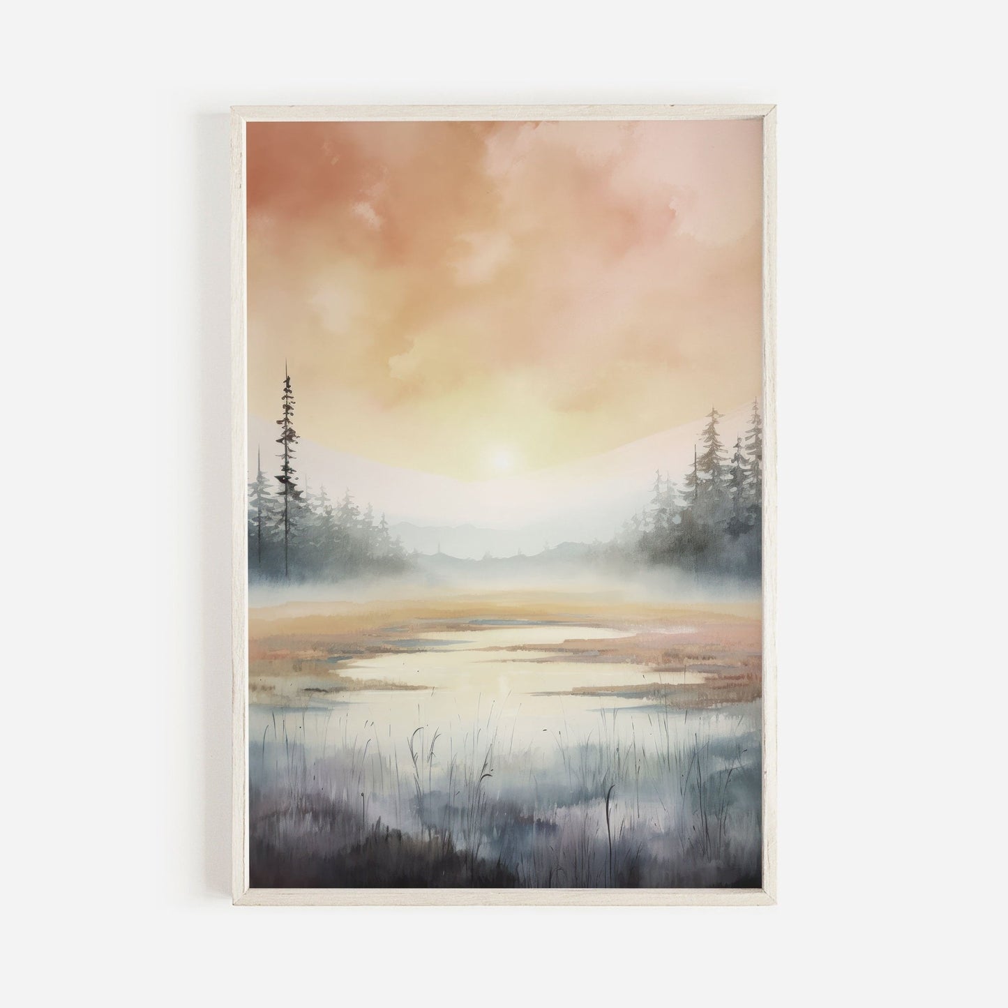 Watercolor Landscape Print, Swamp Art, Sunset Home Decor, Nature Wall Art - WildfieldPrints