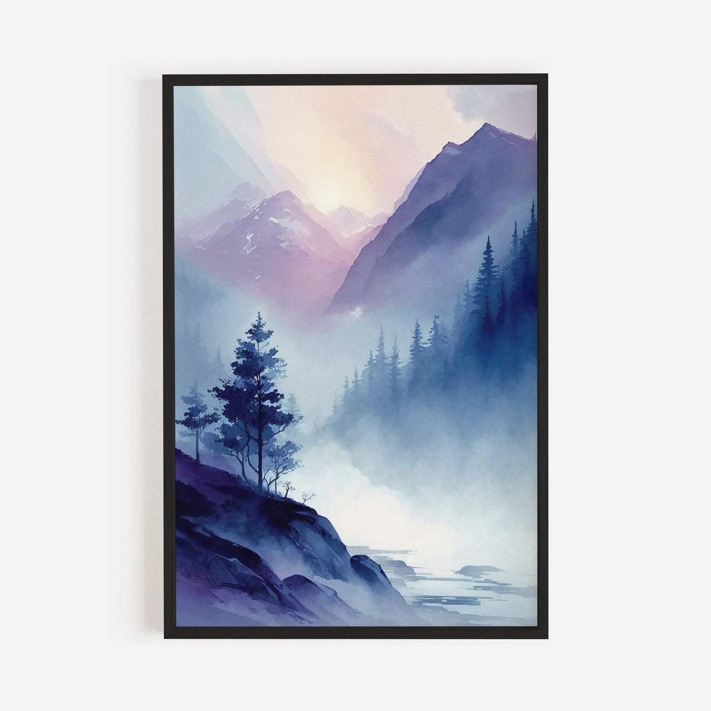 Watercolor Mountain Art, Abstract Nature Decor, Blue & Purple Landscape - WildfieldPrints