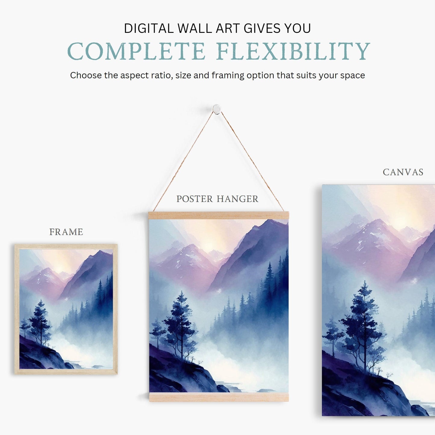 Watercolor Mountain Art, Abstract Nature Decor, Blue & Purple Landscape - WildfieldPrints