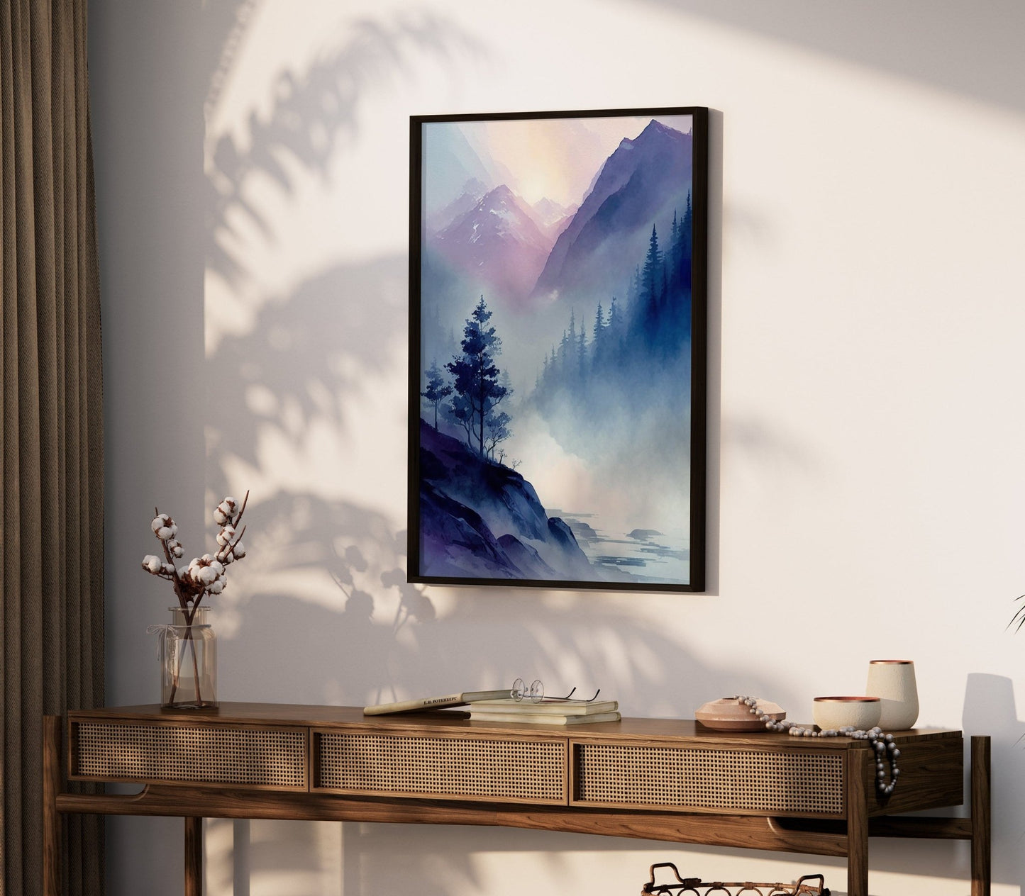 Watercolor Mountain Art, Abstract Nature Decor, Blue & Purple Landscape - WildfieldPrints