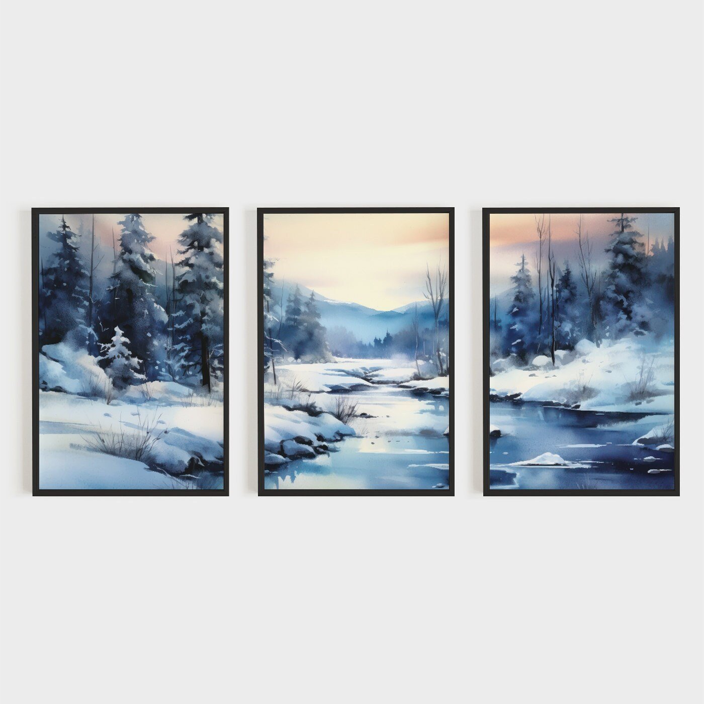Watercolor Winter Forest Landscape Art, Snowy Nature Prints - WildfieldPrints
