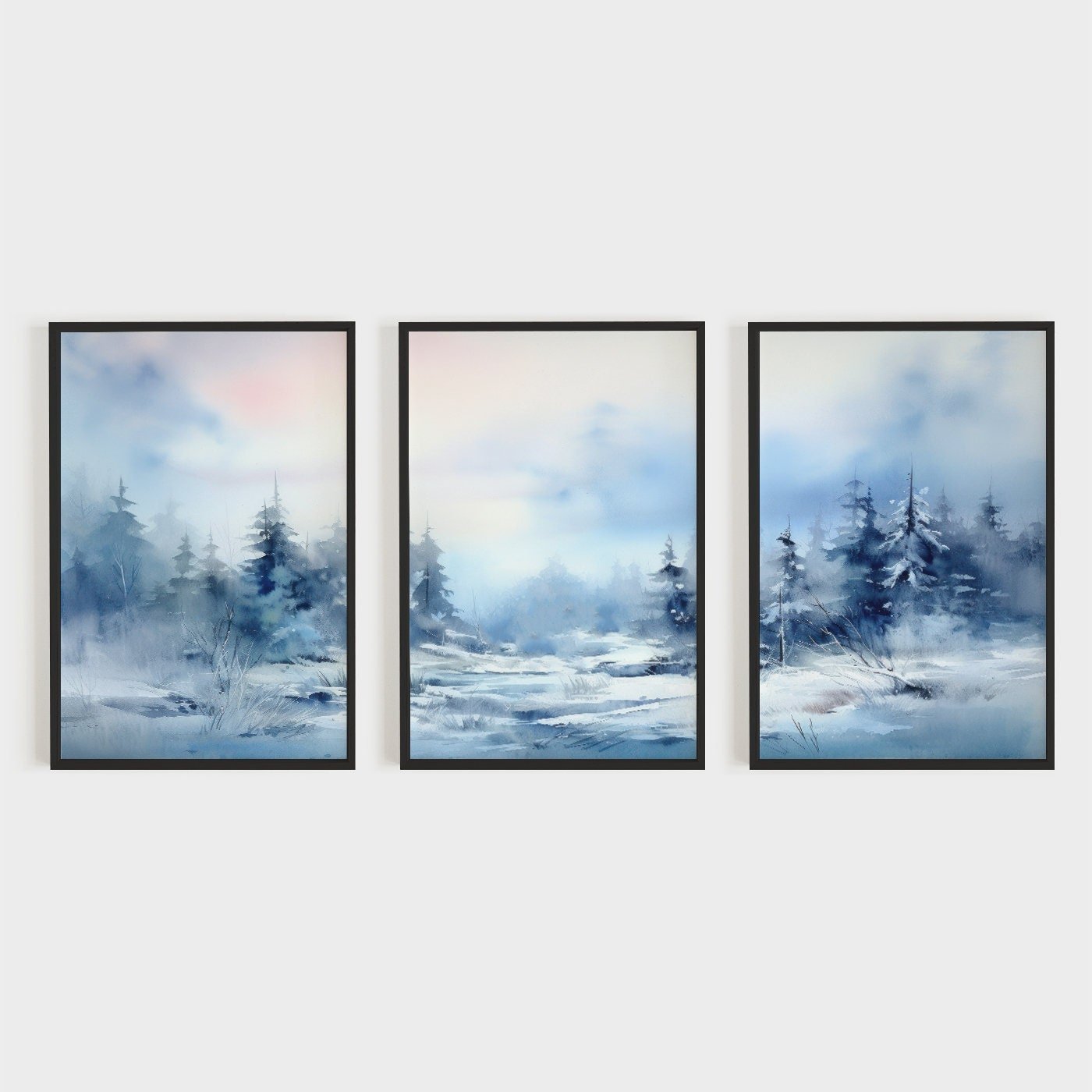 Watercolor Winter Landscape Art, Blue Living Room Wall Decor, Snowy Forest Painting - WildfieldPrints