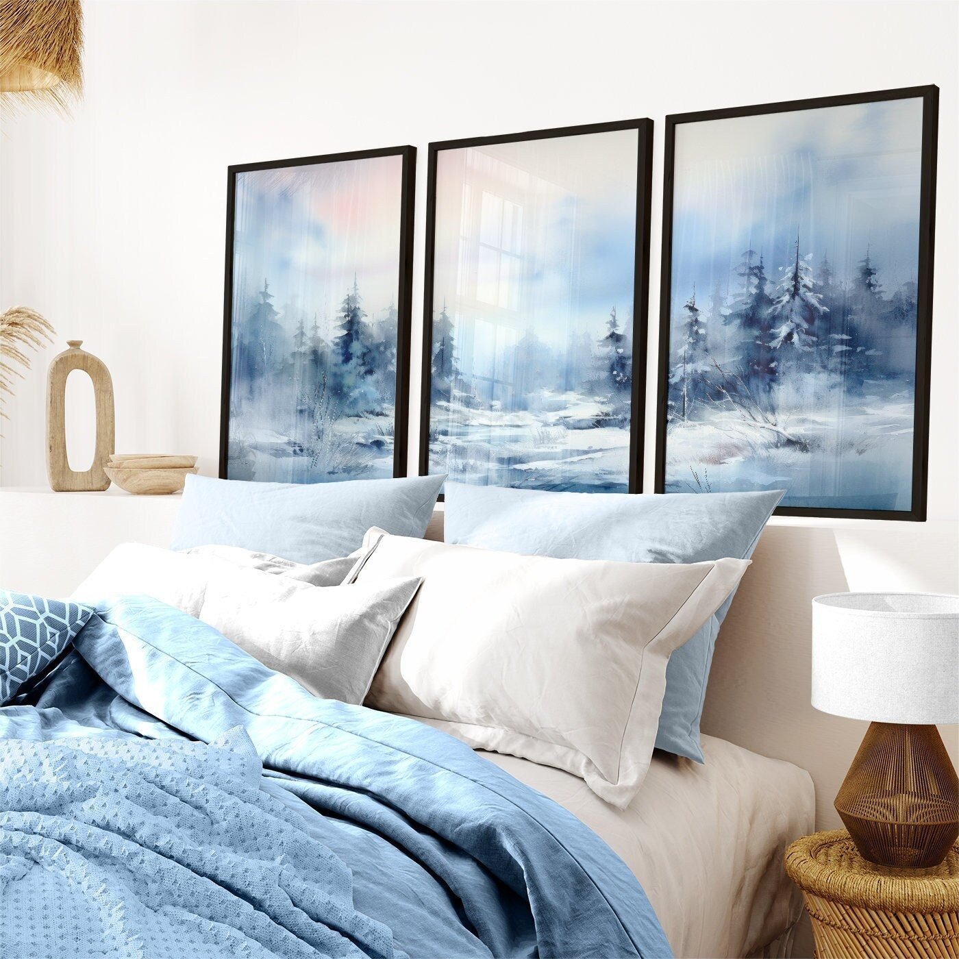 Watercolor Winter Landscape Art, Blue Living Room Wall Decor, Snowy Forest Painting - WildfieldPrints