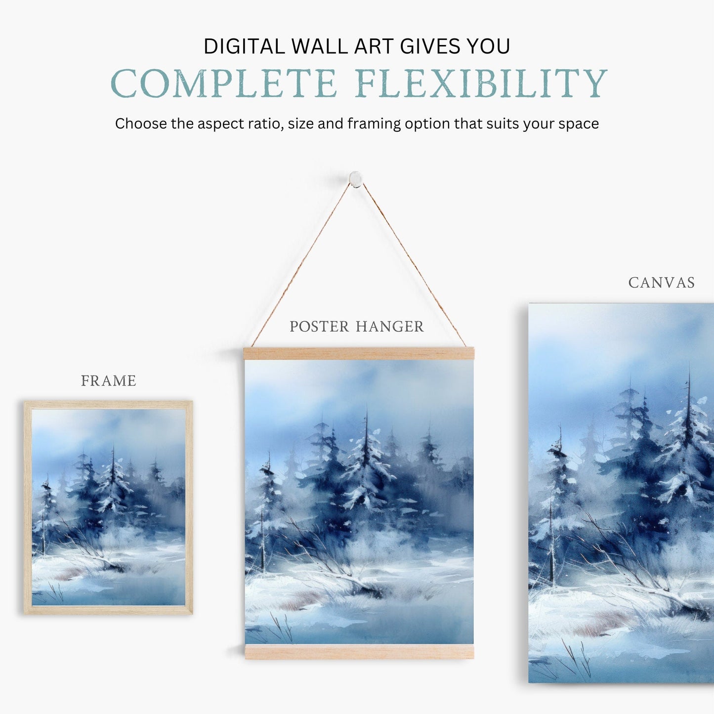 Watercolor Winter Landscape Art, Blue Living Room Wall Decor, Snowy Forest Painting - WildfieldPrints