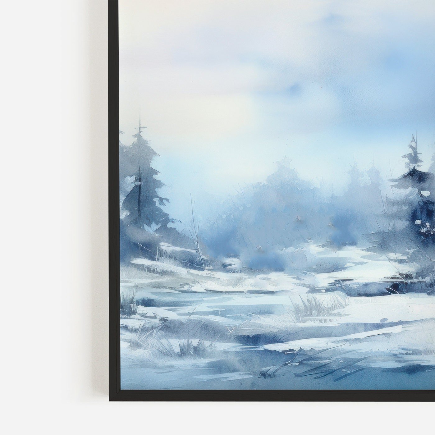 Watercolor Winter Landscape Art, Blue Living Room Wall Decor, Snowy Forest Painting - WildfieldPrints