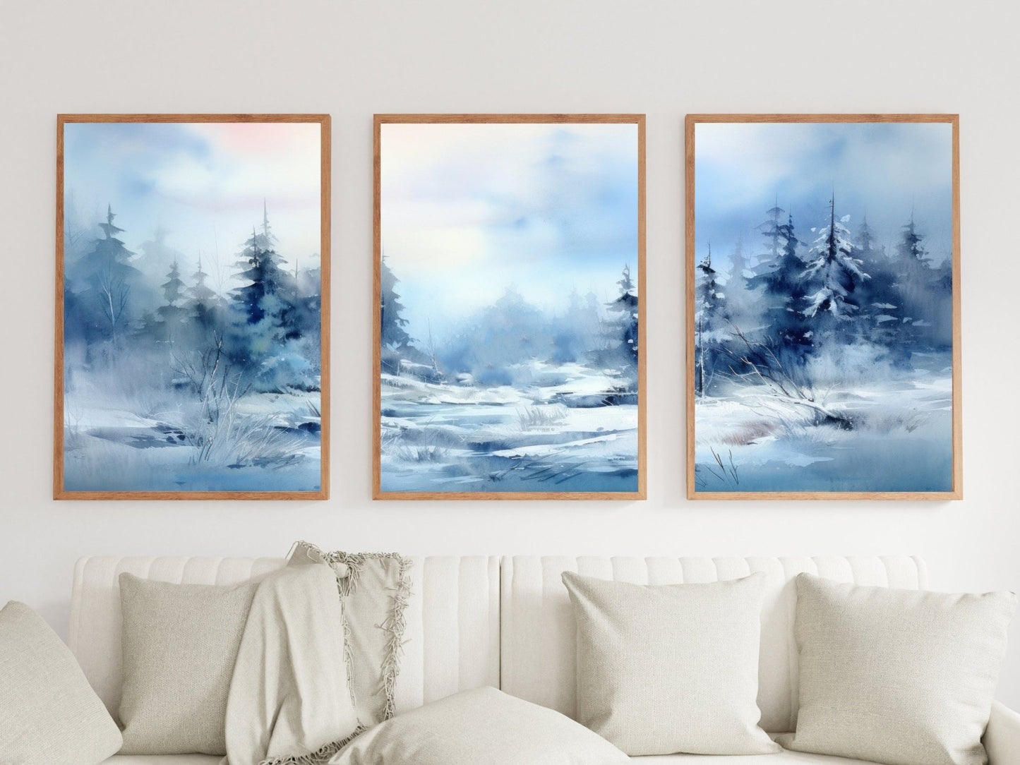 Watercolor Winter Landscape Art, Blue Living Room Wall Decor, Snowy Forest Painting - WildfieldPrints