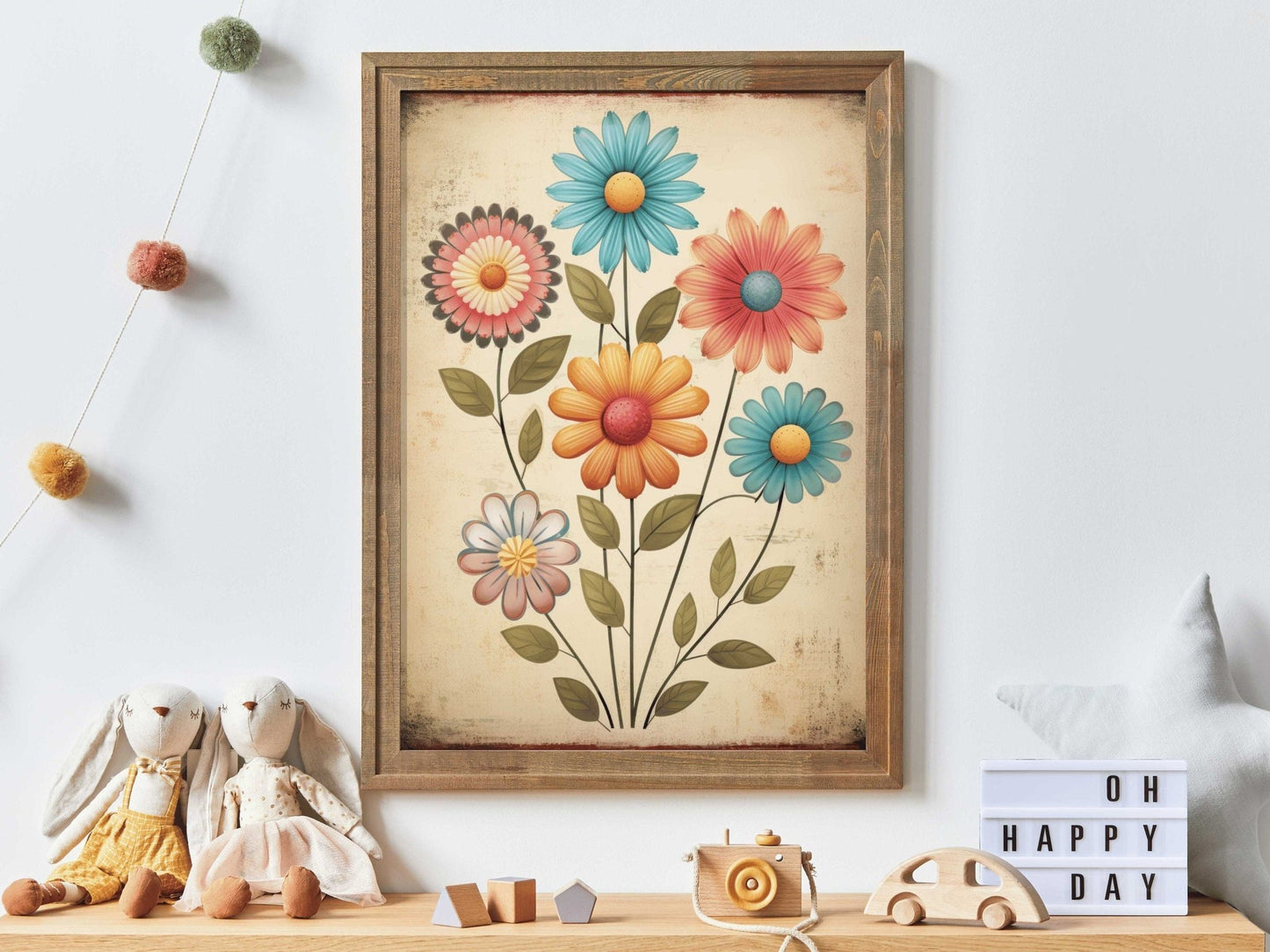 Whimsical Floral Kids Room Decor, Retro Flower Print, Vintage Art - WildfieldPrints