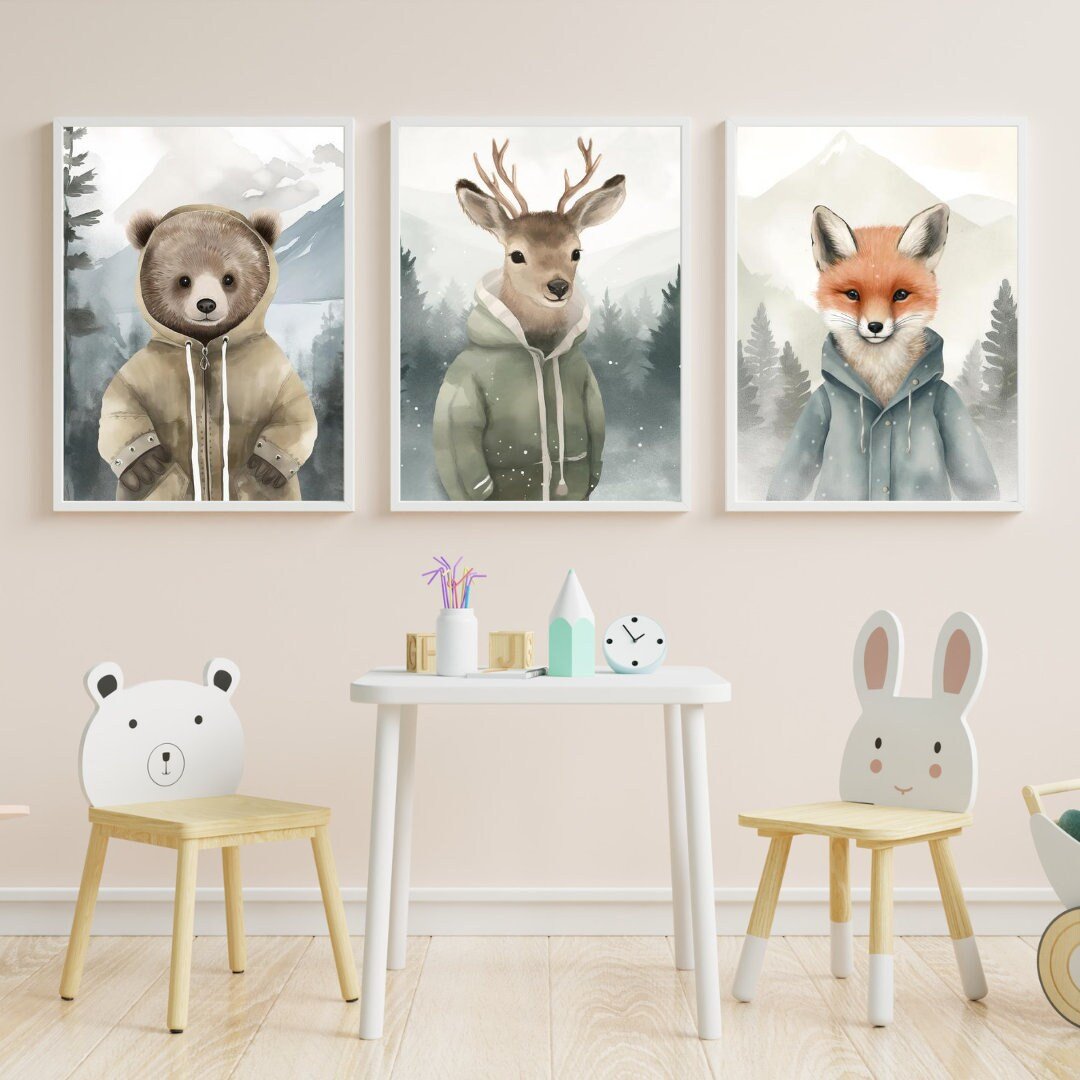 Whimsical Forest Friends Art, Vintage Wildlife Decor, Cute Animal Portraits - WildfieldPrints