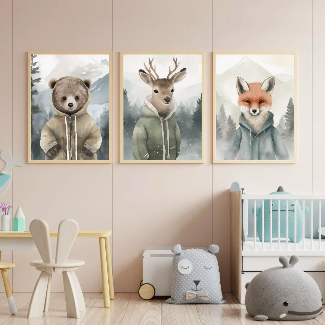 Whimsical Forest Friends Art, Vintage Wildlife Decor, Cute Animal Portraits - WildfieldPrints