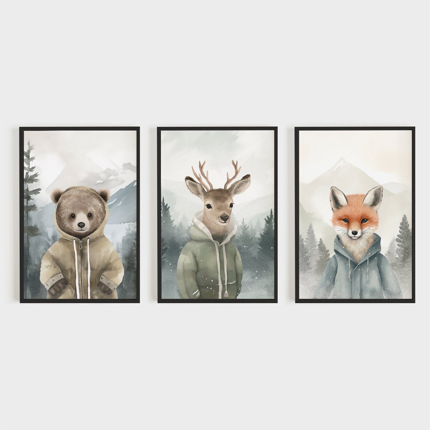 Whimsical Forest Friends Art, Vintage Wildlife Decor, Cute Animal Portraits - WildfieldPrints