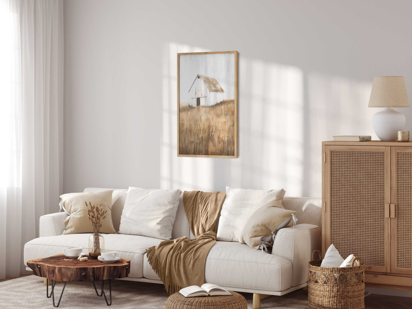 White Barn Print, Farmhouse Painting, Rustic Countryside Decor - WildfieldPrints