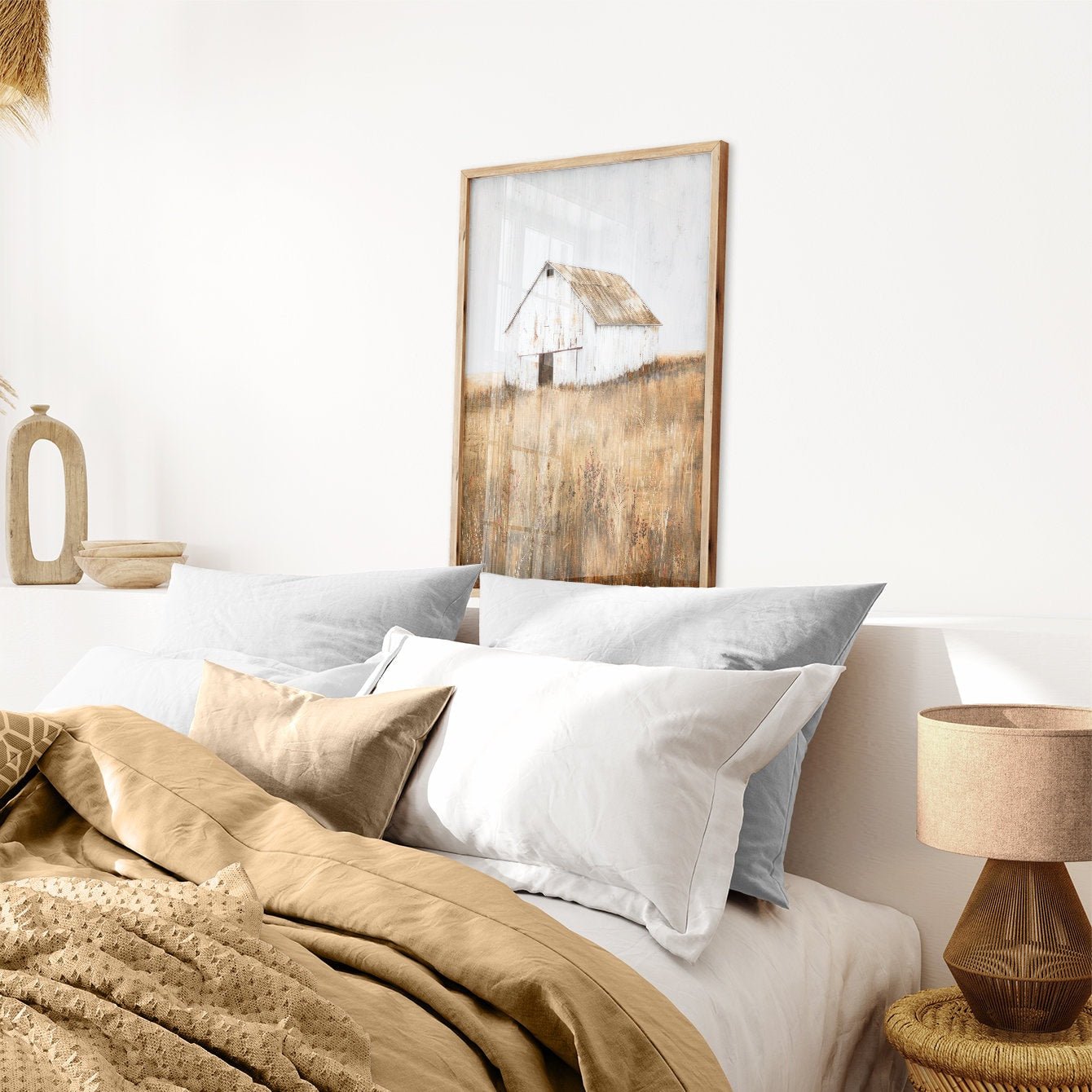White Barn Print, Farmhouse Painting, Rustic Countryside Decor - WildfieldPrints