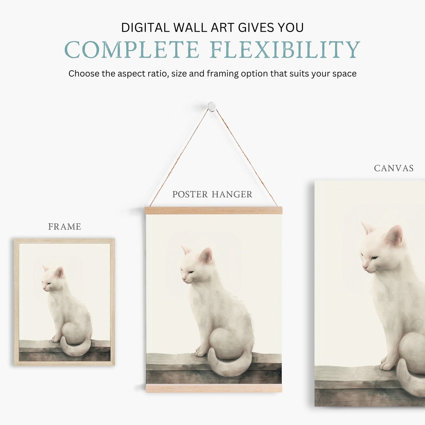 White Cat Wall Art, Kitten Nursery Print, Vintage Animal Decor - WildfieldPrints