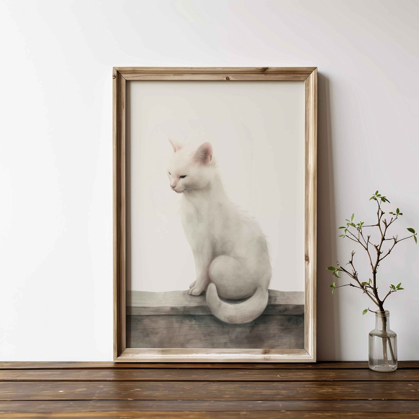 White Cat Wall Art, Kitten Nursery Print, Vintage Animal Decor - WildfieldPrints