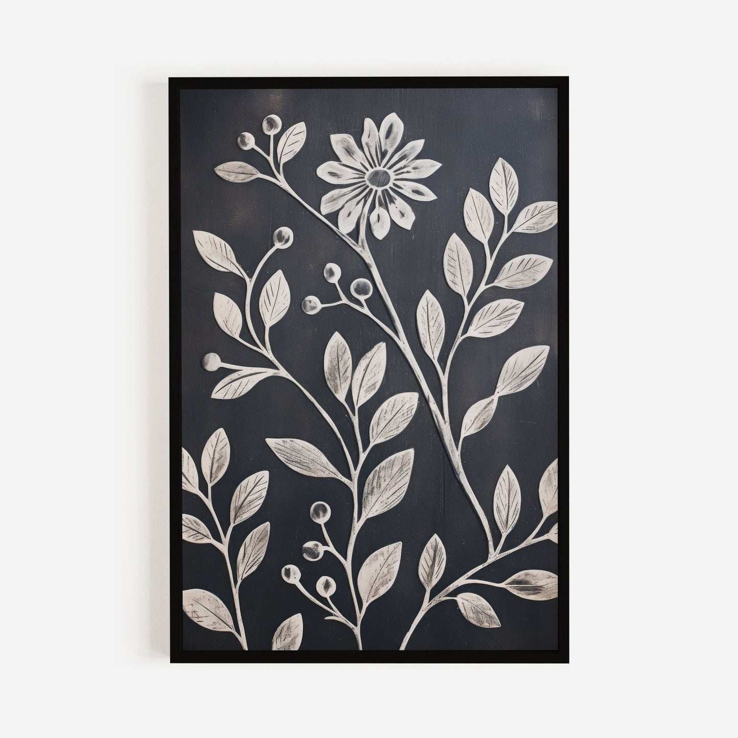 White Flower Art, Rustic Floral Wall Decor, Black Wood Accent - WildfieldPrints