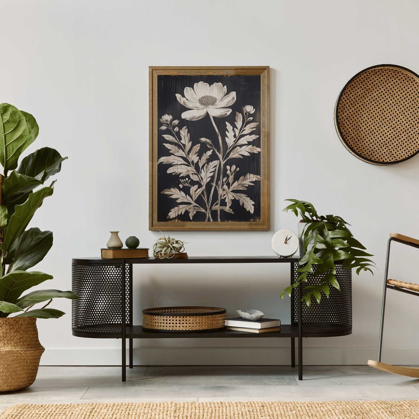 White Flower Print, Rustic Floral Wall Decor, Black Wood Art - WildfieldPrints