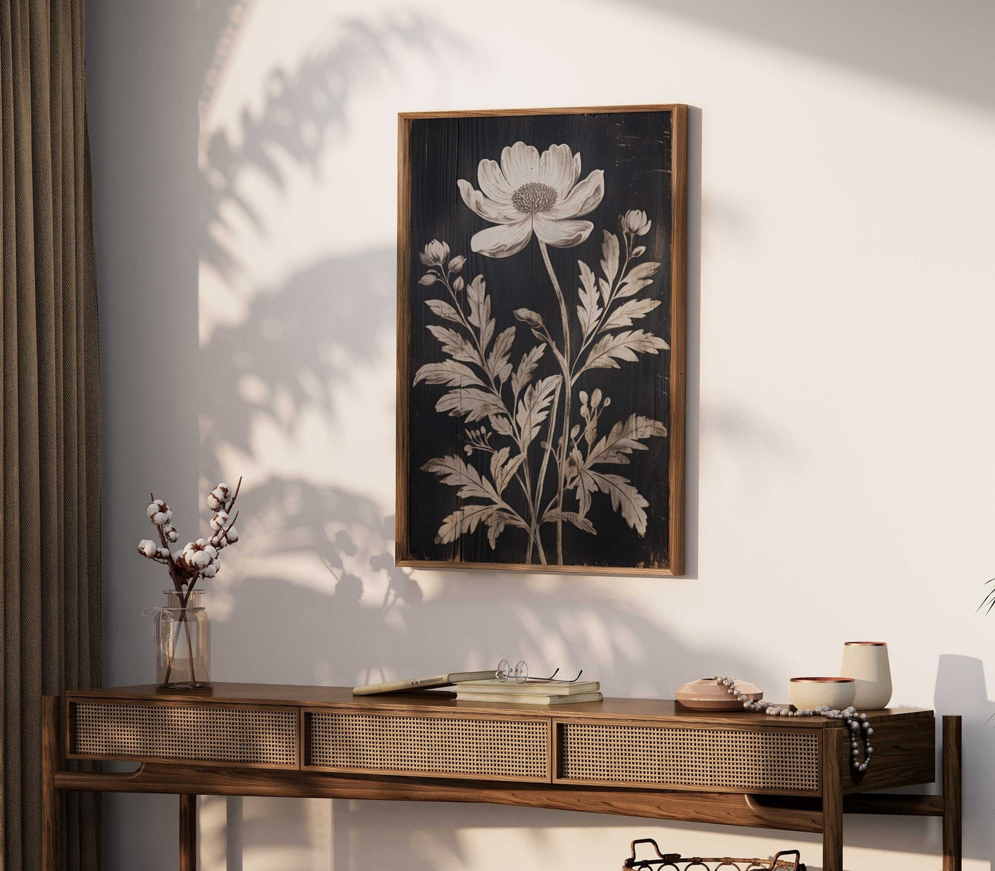 White Flower Print, Rustic Floral Wall Decor, Black Wood Art - WildfieldPrints