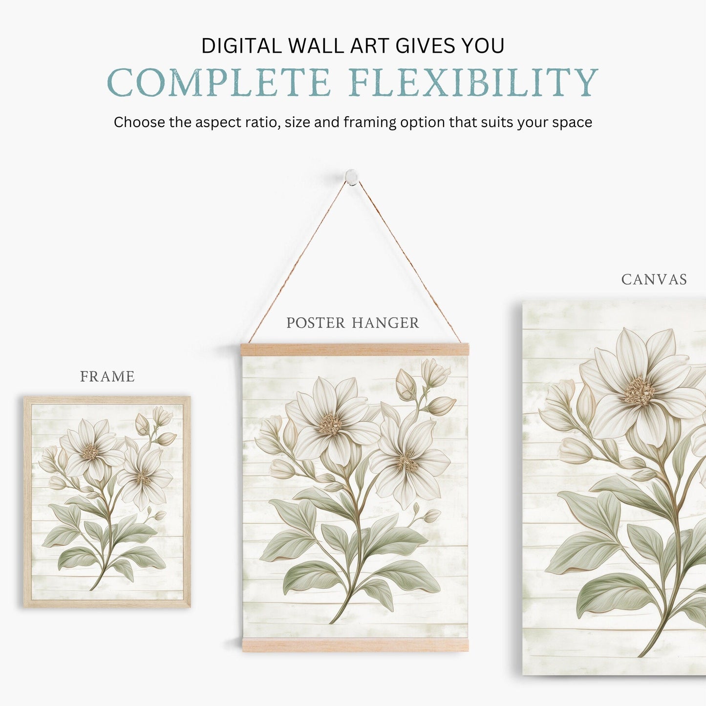 White Flower Print, Rustic Floral Wall Decor, Farmhouse Aesthetic - WildfieldPrints