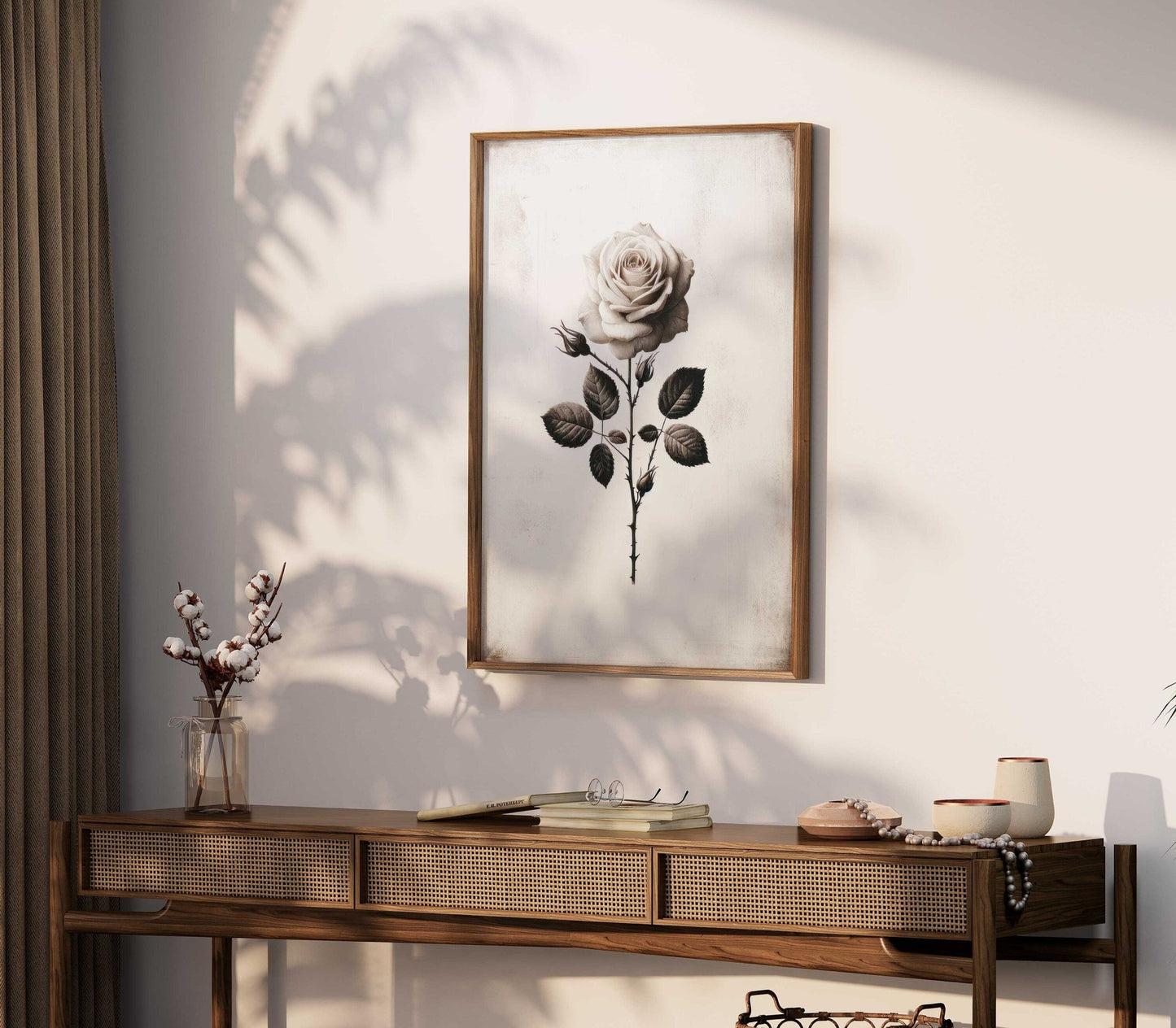 White Rose Painting, Rustic Floral Decor, Black & White Wall Art - WildfieldPrints