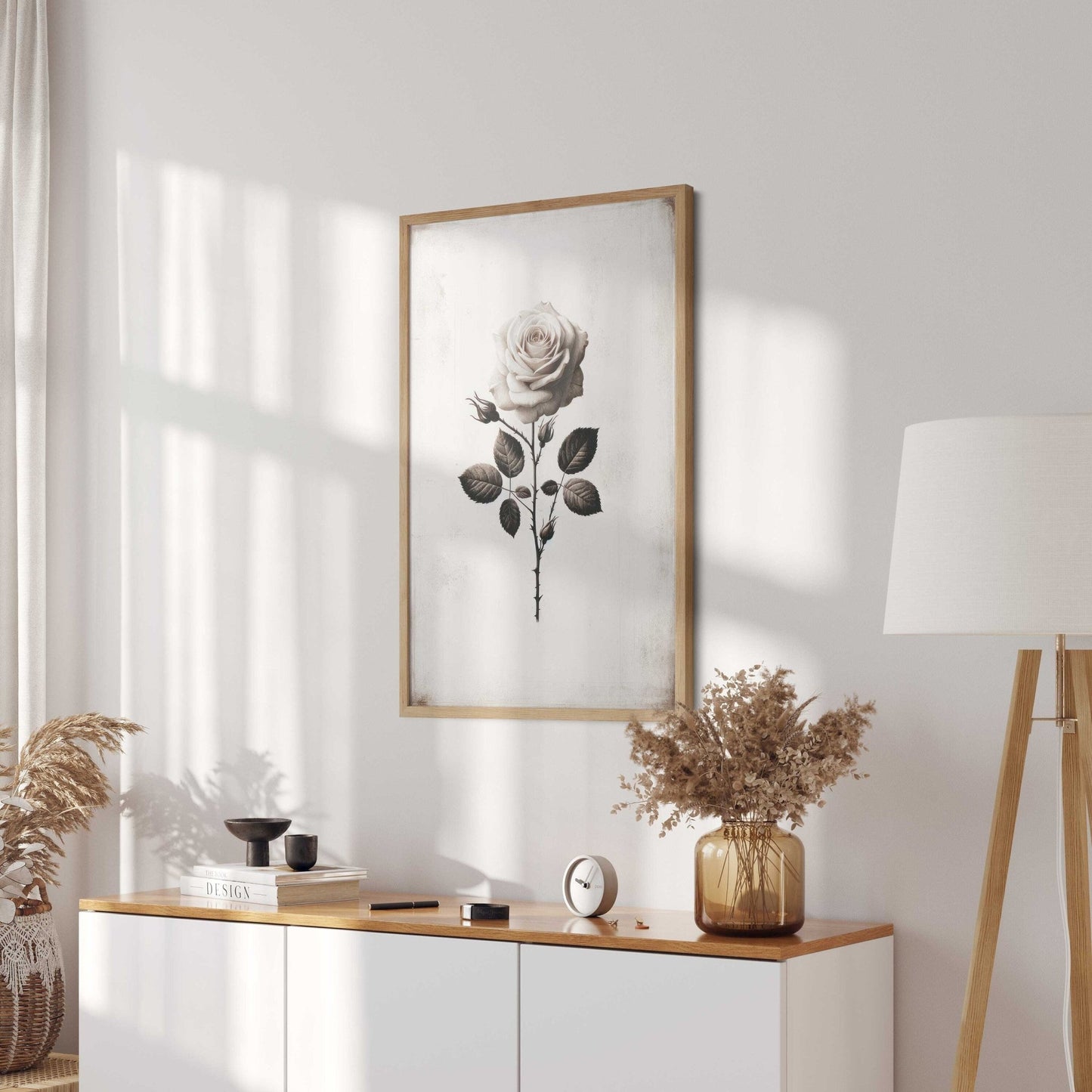White Rose Painting, Rustic Floral Decor, Black & White Wall Art - WildfieldPrints