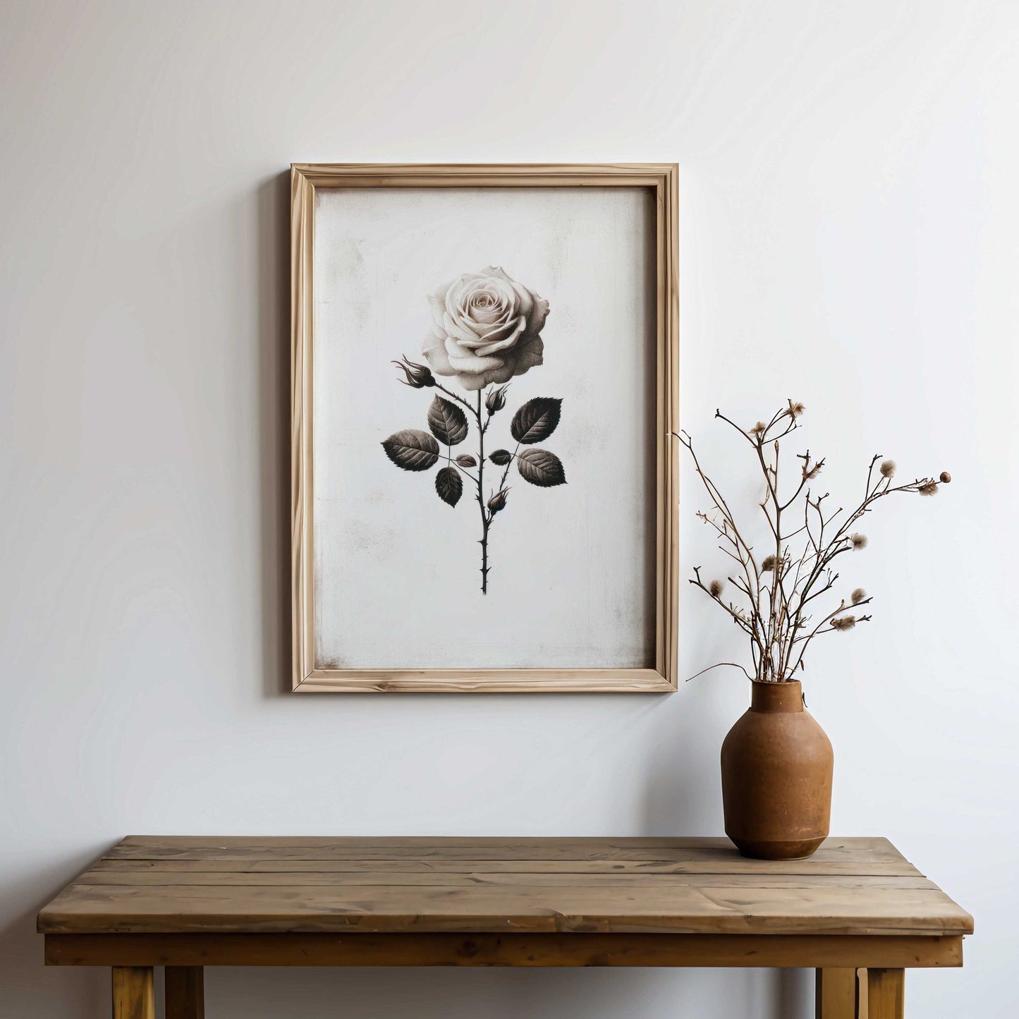 White Rose Painting, Rustic Floral Decor, Black & White Wall Art - WildfieldPrints