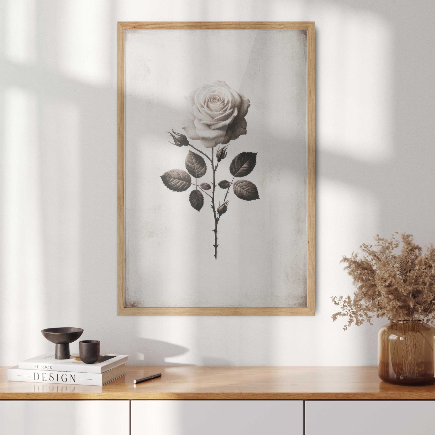 White Rose Painting, Rustic Floral Decor, Black & White Wall Art - WildfieldPrints