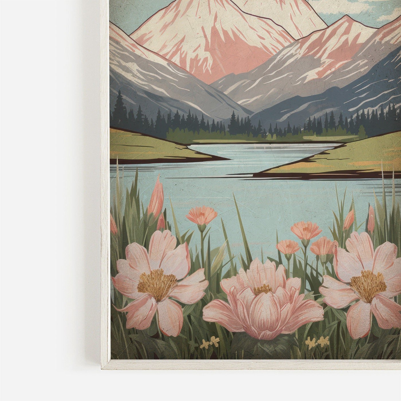 Wildflower and Mountain Wall Art, Vintage Nature Decor, Rustic Landscape - WildfieldPrints