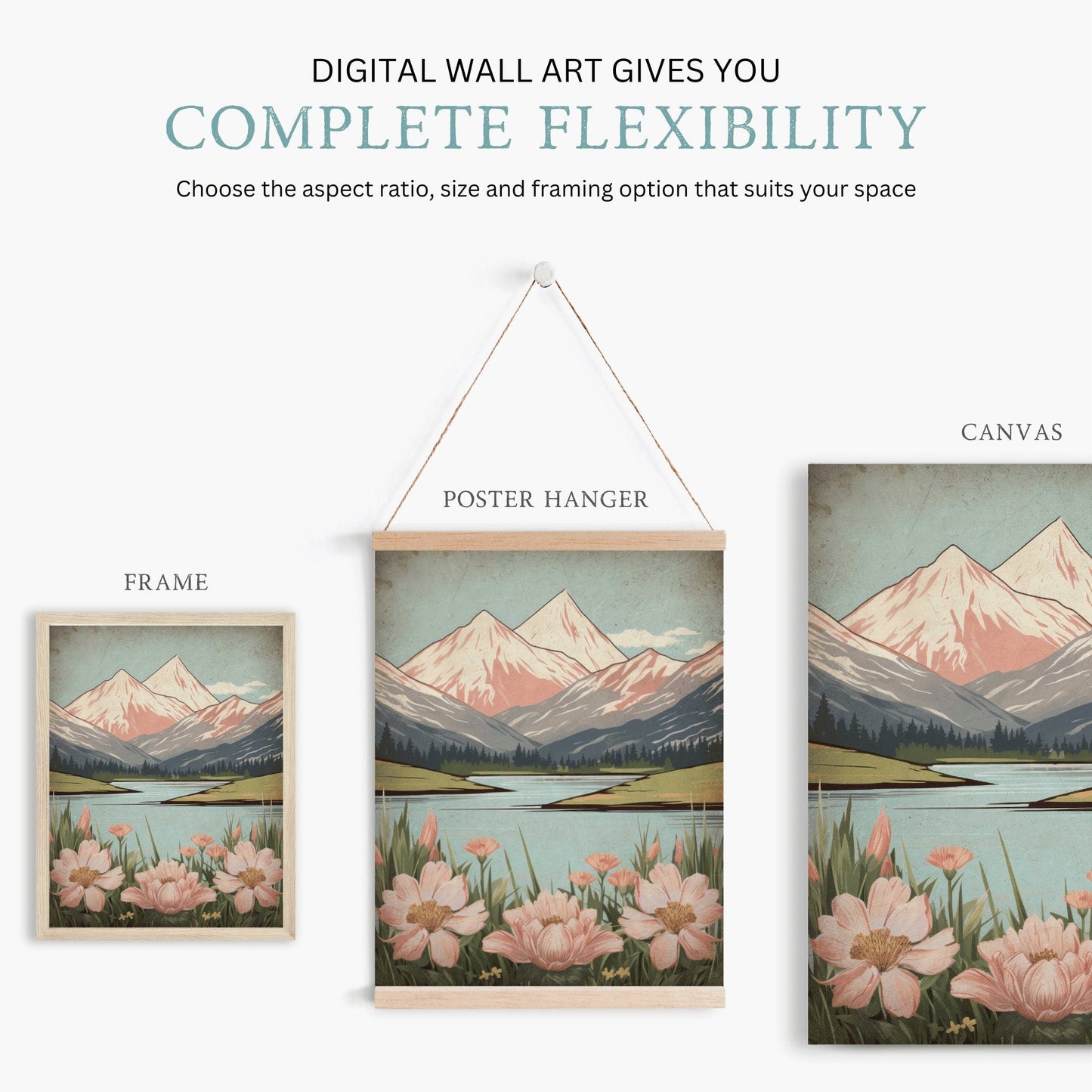 Wildflower and Mountain Wall Art, Vintage Nature Decor, Rustic Landscape - WildfieldPrints
