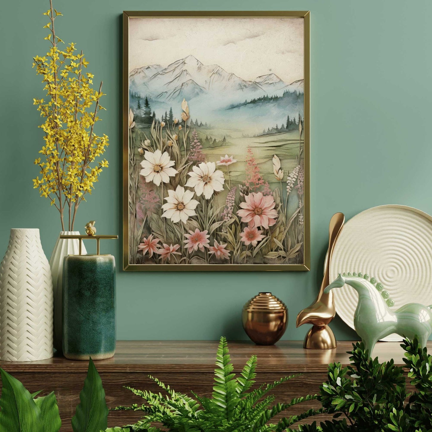 Wildflower and Mountain Wall Art, Vintage Nature Decor, Rustic Landscape - WildfieldPrints