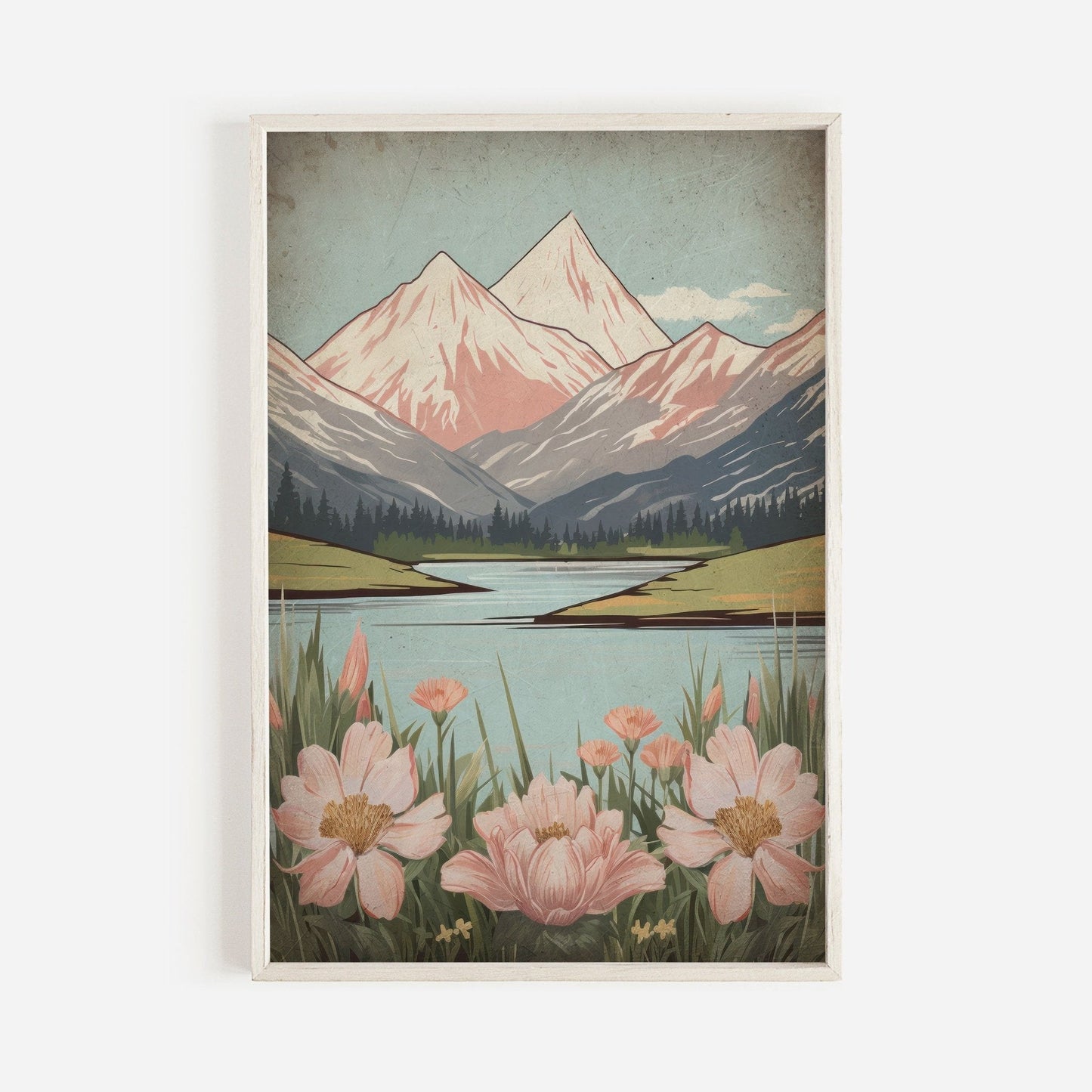Wildflower and Mountain Wall Art, Vintage Nature Decor, Rustic Landscape - WildfieldPrints