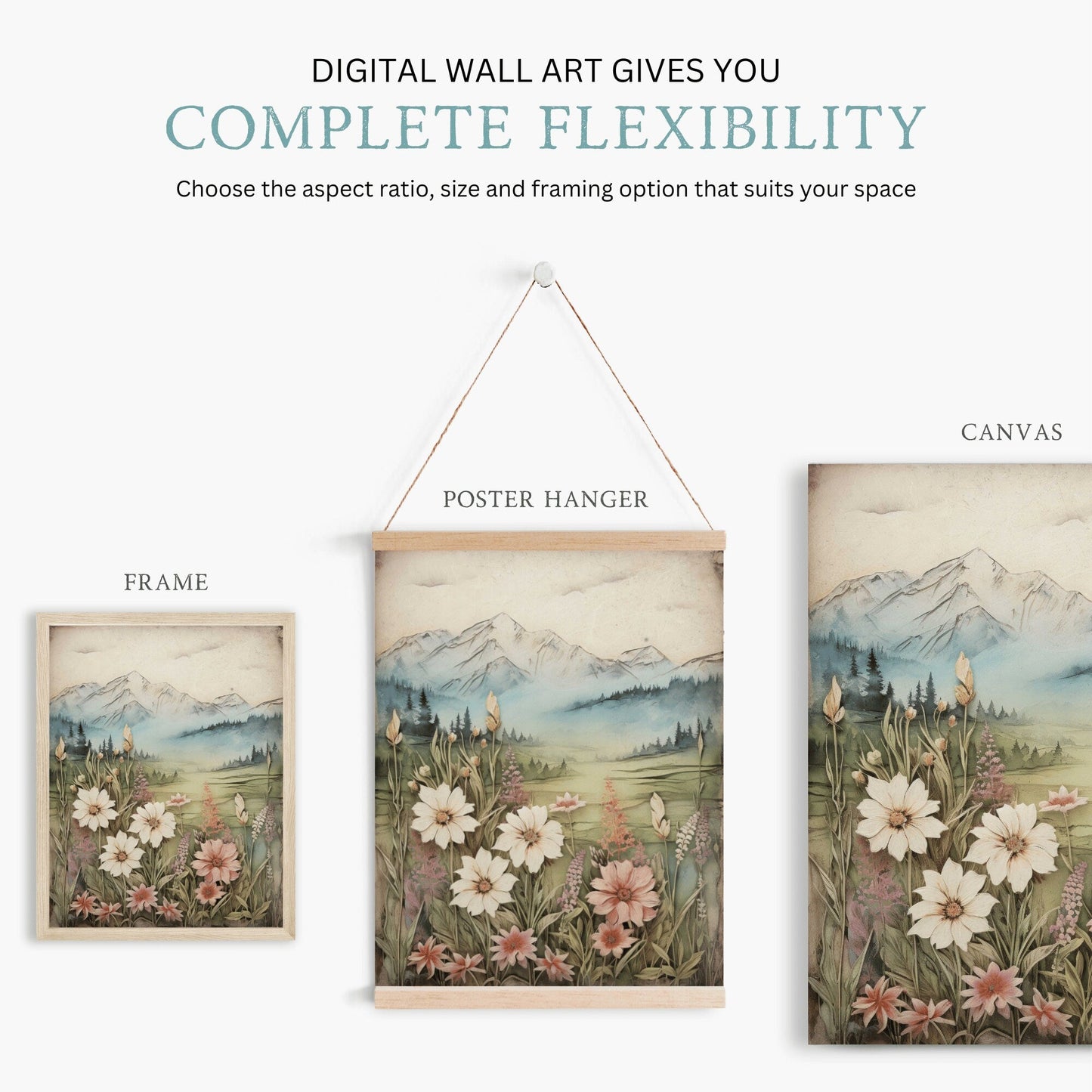 Wildflower and Mountain Wall Art, Vintage Nature Decor, Rustic Landscape - WildfieldPrints