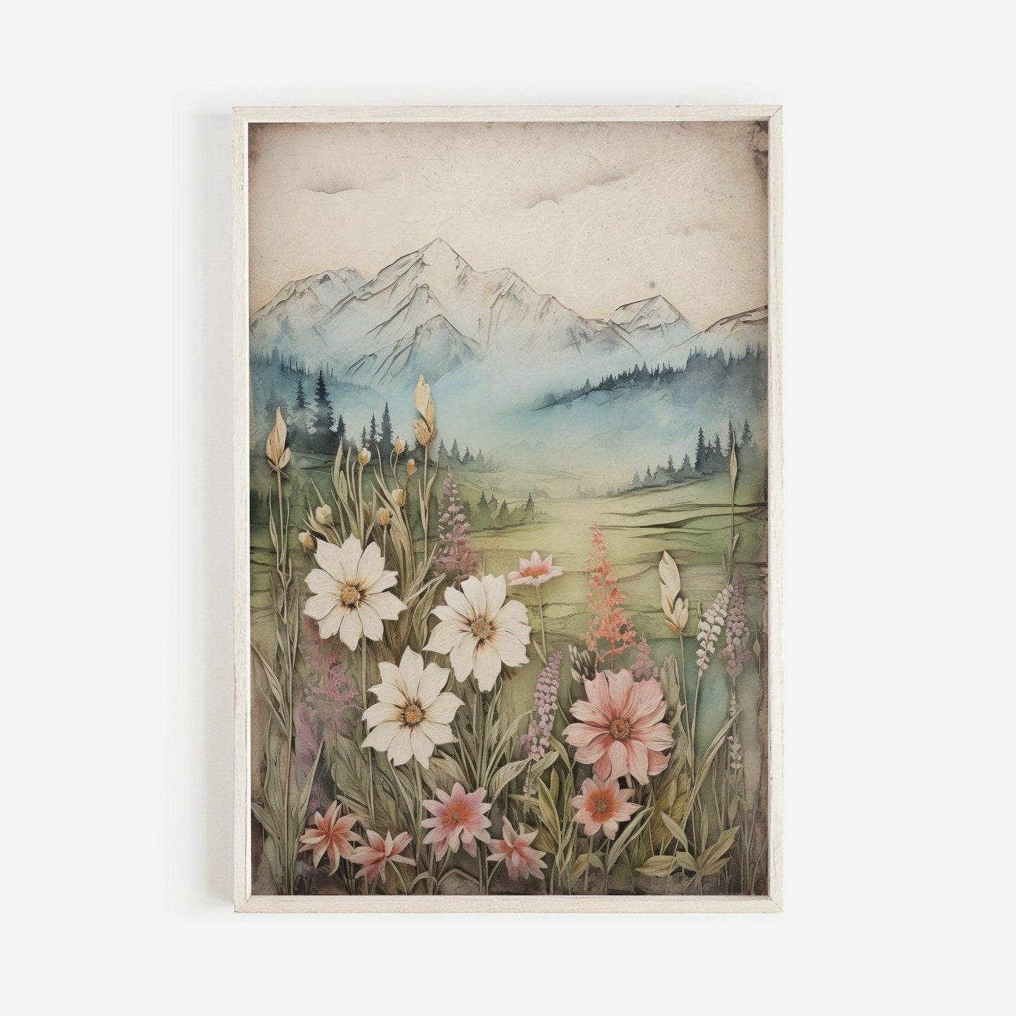 Wildflower and Mountain Wall Art, Vintage Nature Decor, Rustic Landscape - WildfieldPrints
