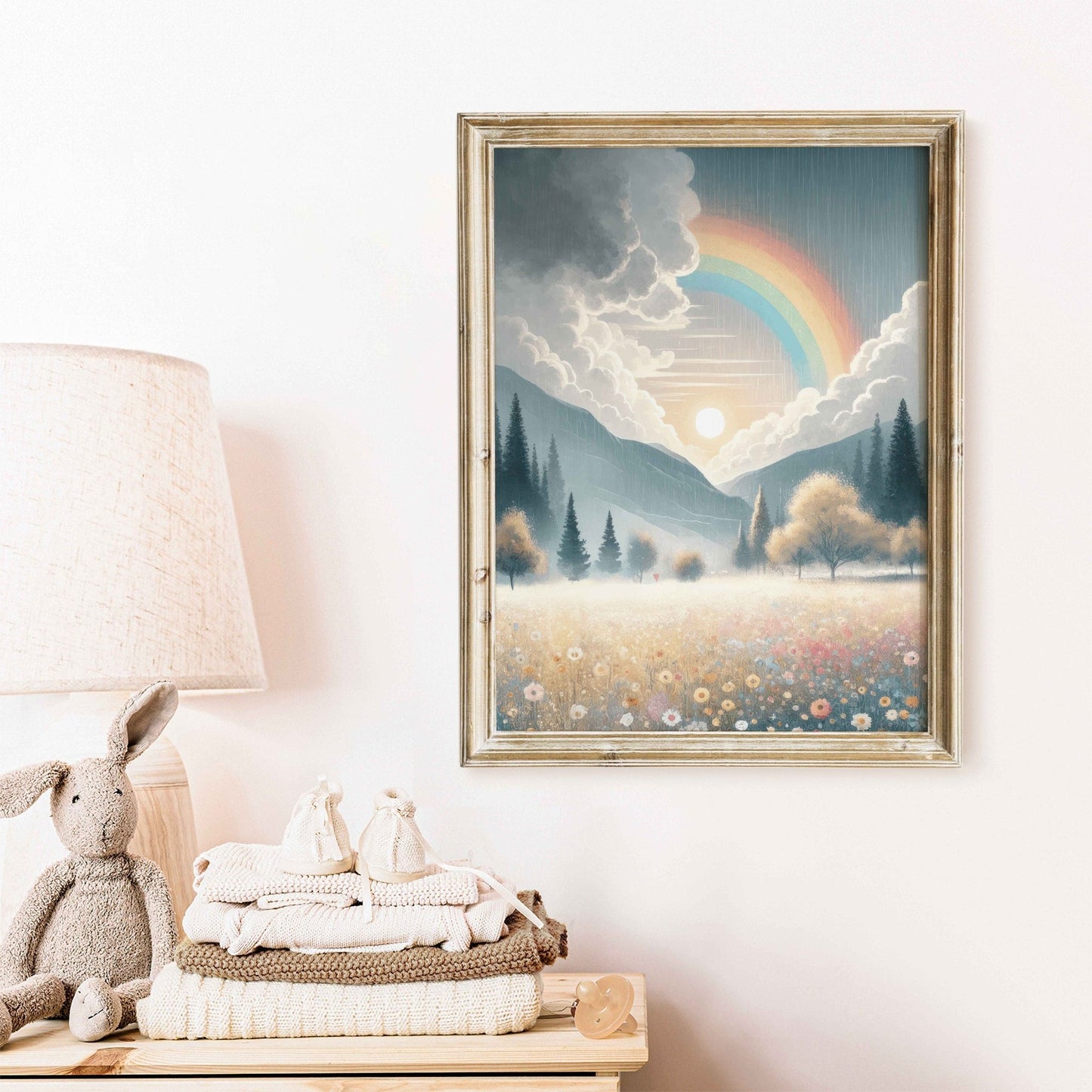 Wildflower Field Art, Mountain Landscape Decor, Rainbow Nursery Print - WildfieldPrints