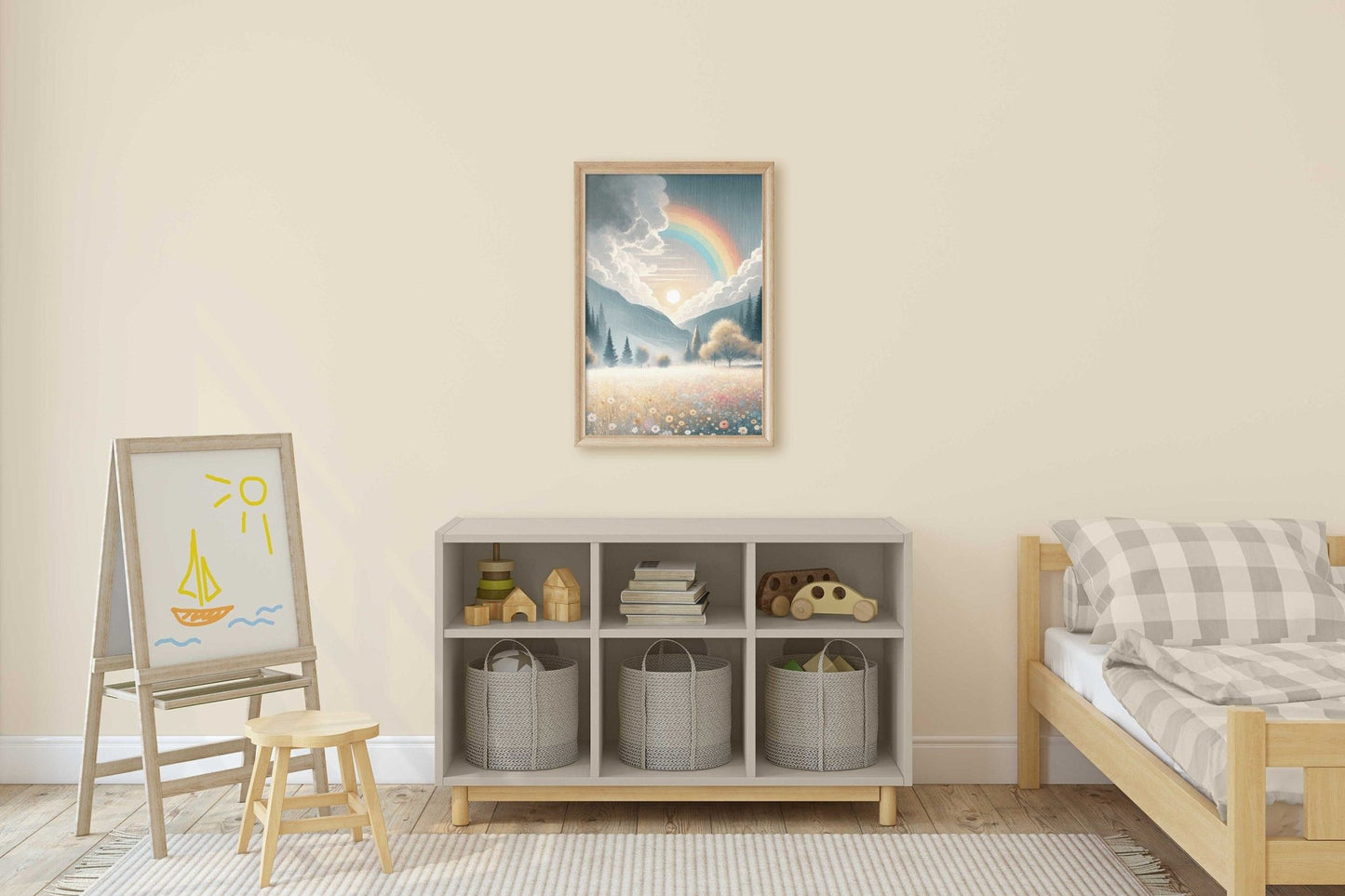 Wildflower Field Art, Mountain Landscape Decor, Rainbow Nursery Print - WildfieldPrints