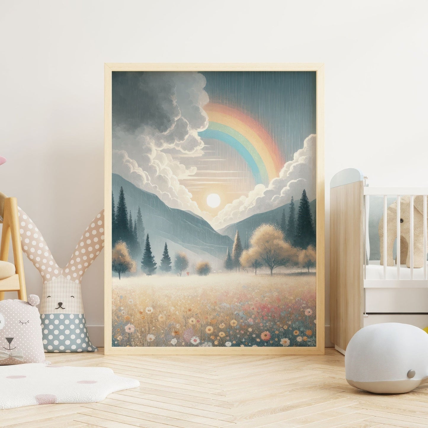 Wildflower Field Art, Mountain Landscape Decor, Rainbow Nursery Print - WildfieldPrints