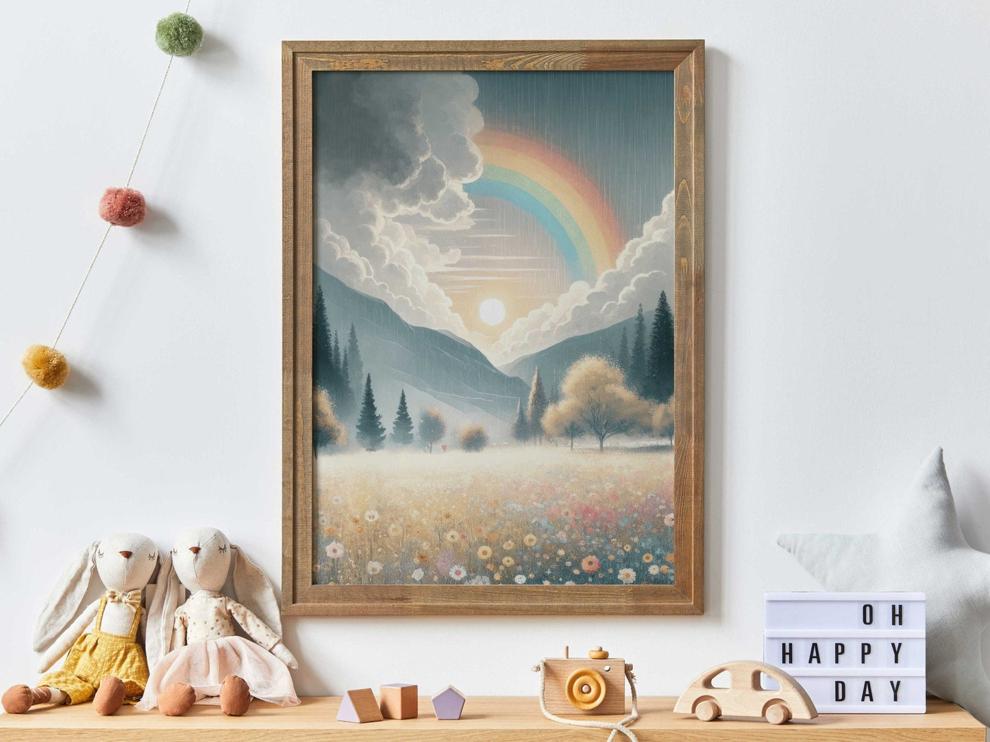 Wildflower Field Art, Mountain Landscape Decor, Rainbow Nursery Print - WildfieldPrints