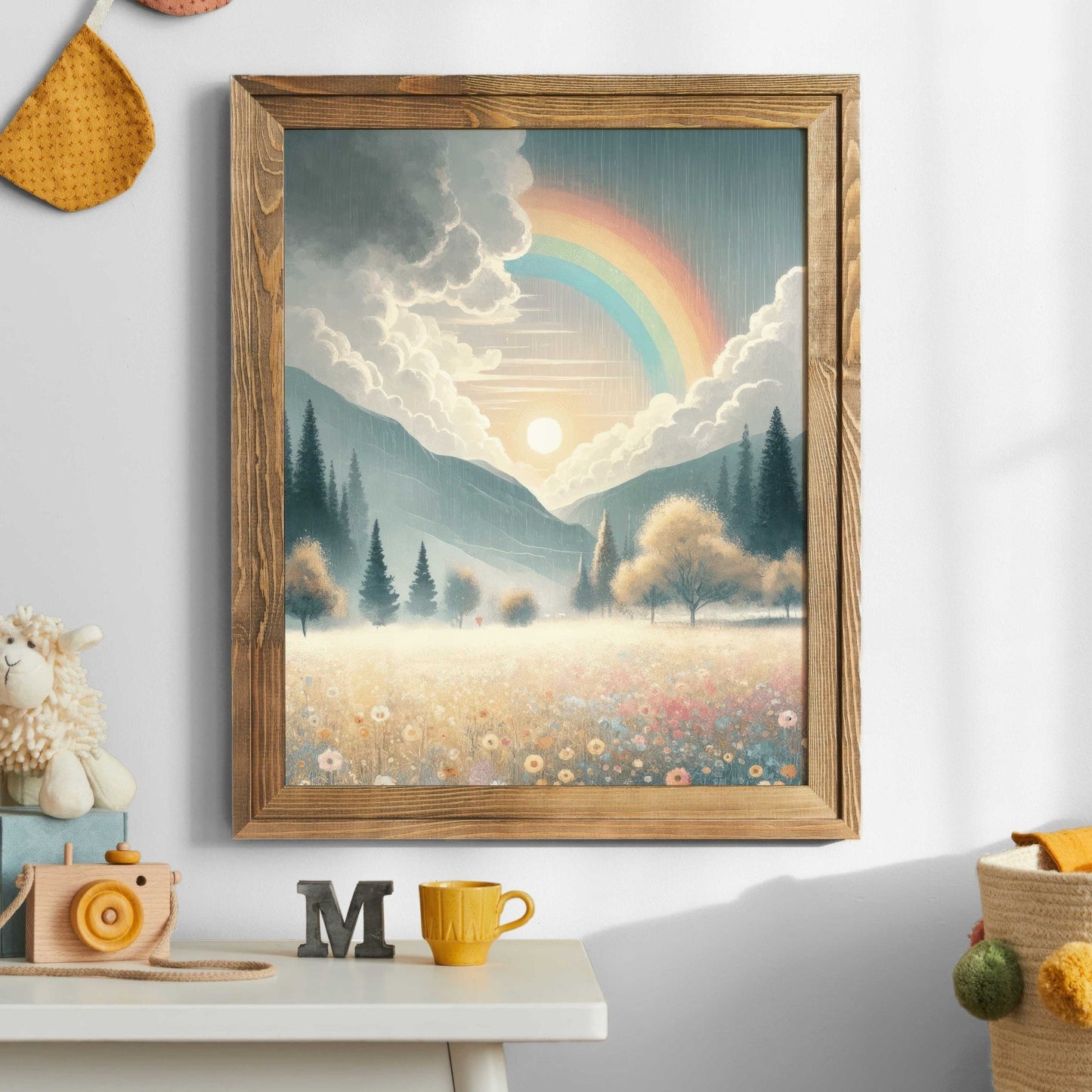 Wildflower Field Art, Mountain Landscape Decor, Rainbow Nursery Print - WildfieldPrints
