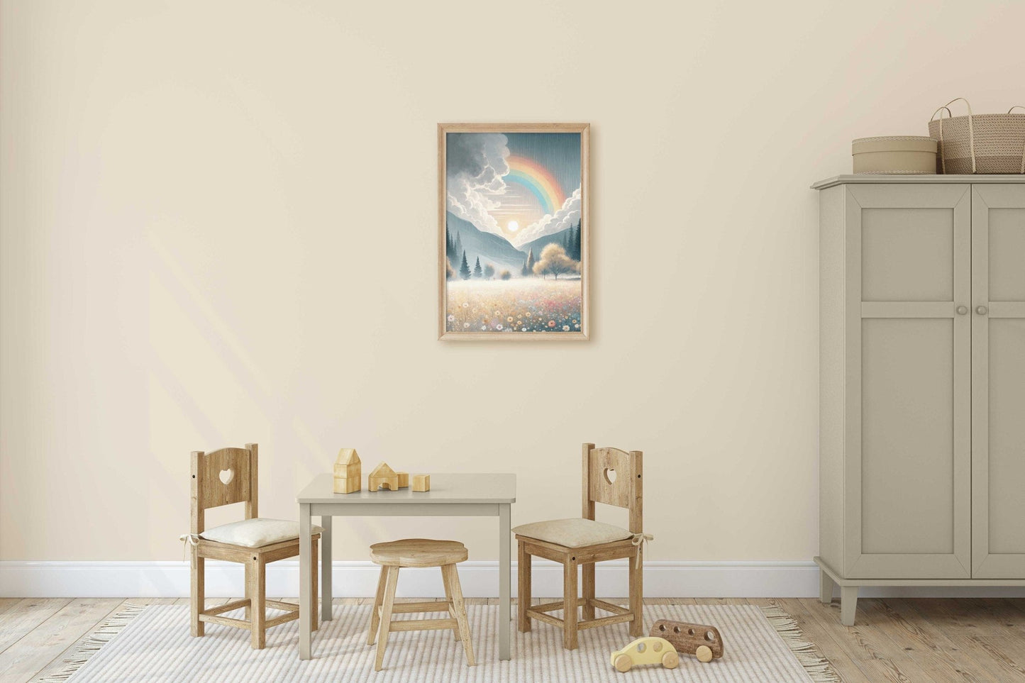 Wildflower Field Art, Mountain Landscape Decor, Rainbow Nursery Print - WildfieldPrints