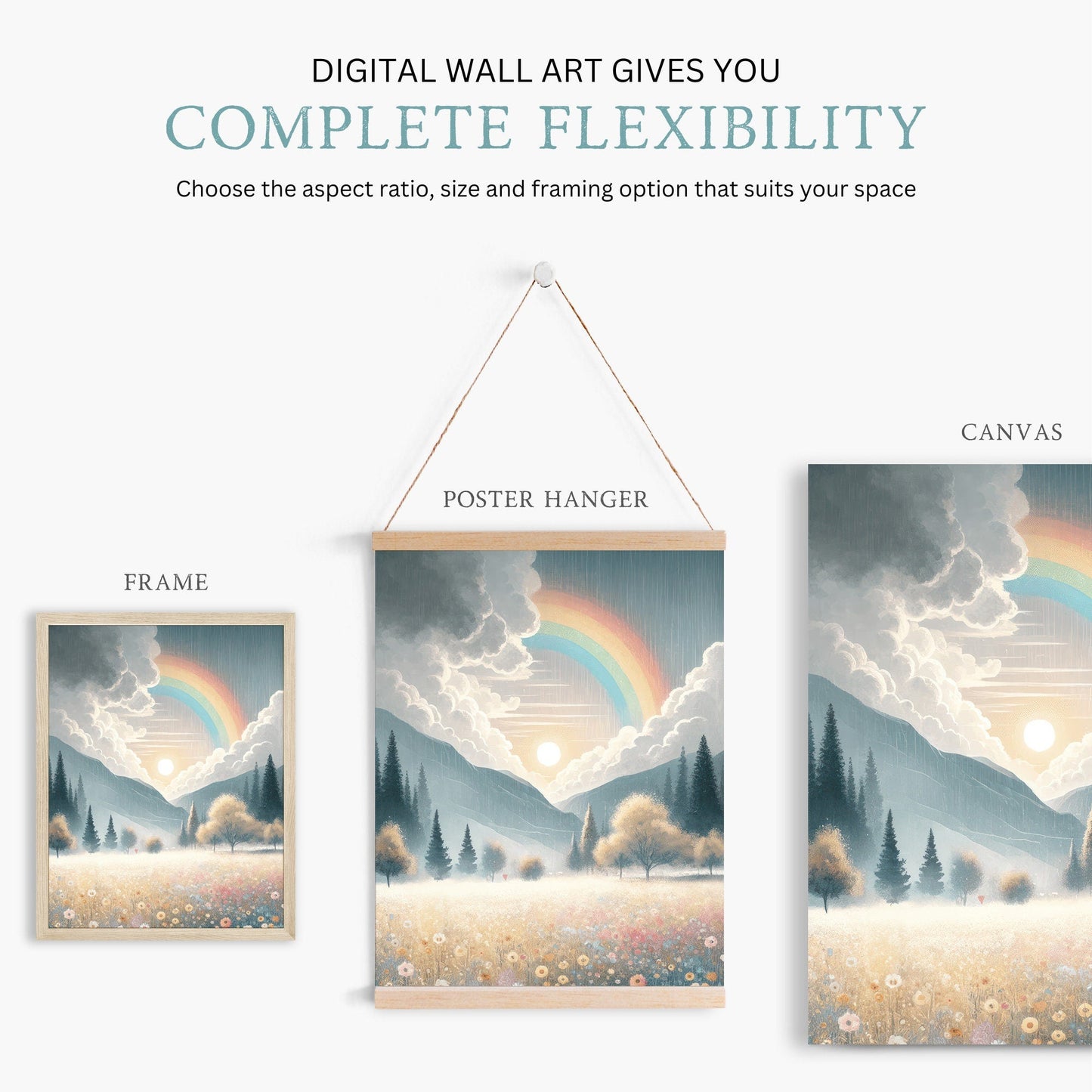 Wildflower Field Art, Mountain Landscape Decor, Rainbow Nursery Print - WildfieldPrints