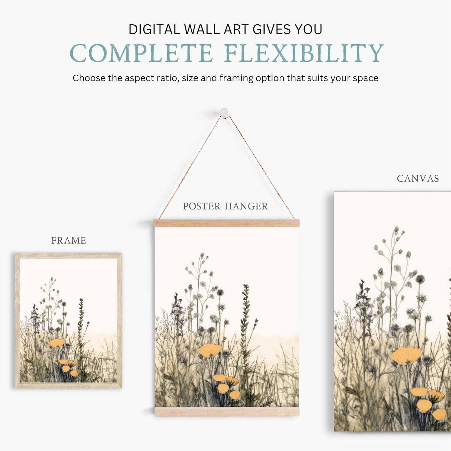 Wildflower Field Art, Watercolor Flower Prints, Minimalist Wall Decor - WildfieldPrints
