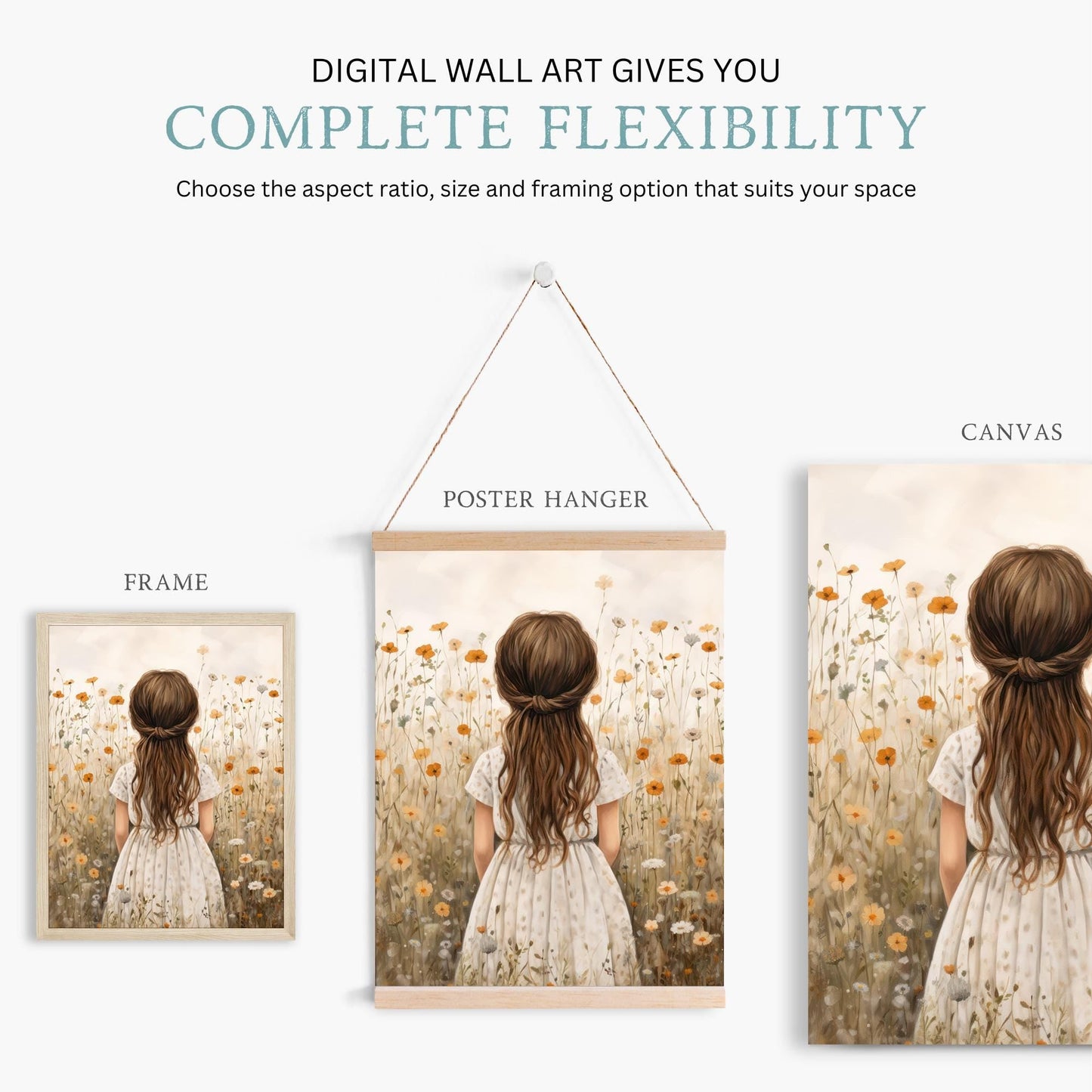 Wildflower Field Nursery Decor, Vintage Girls Room Wall Art, Set of 3, Girl with Flowers, Floral Nursery Art, Printable Art for Girls - My Store