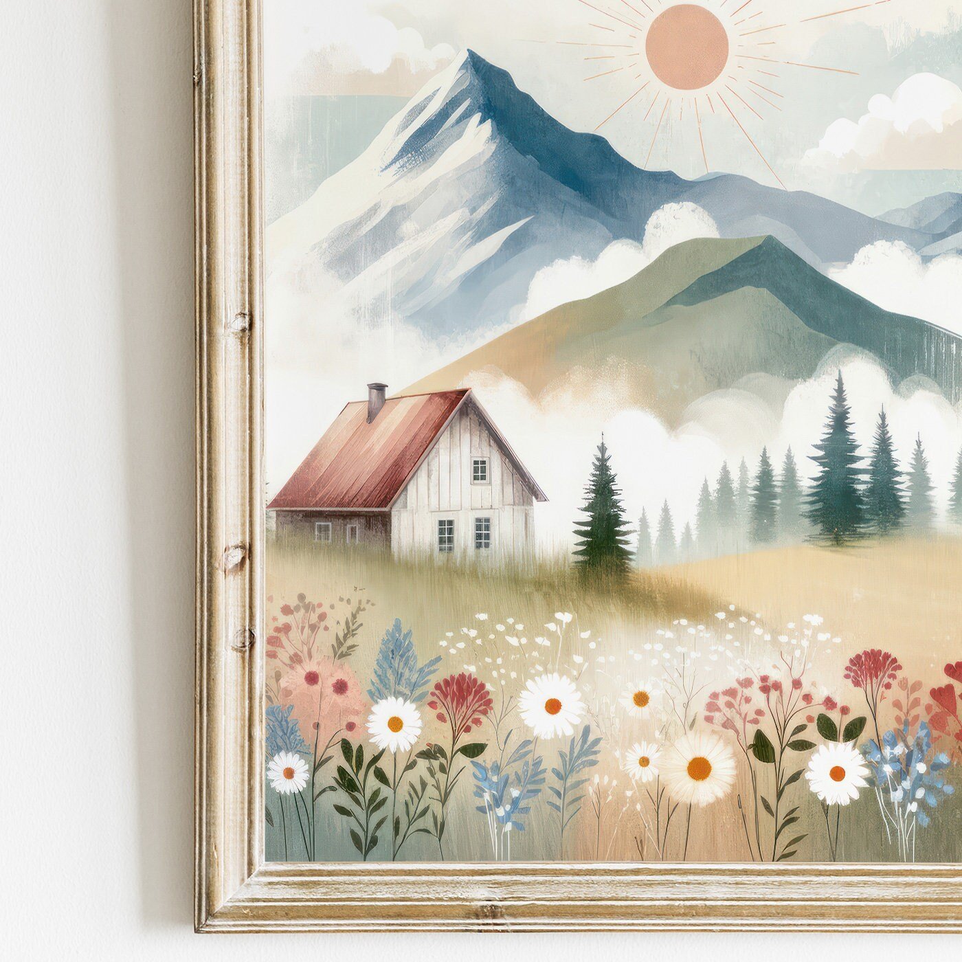 Wildflower & Mountain Nursery Prints, Whimsical Landscape Decor, Cabin Art - WildfieldPrints