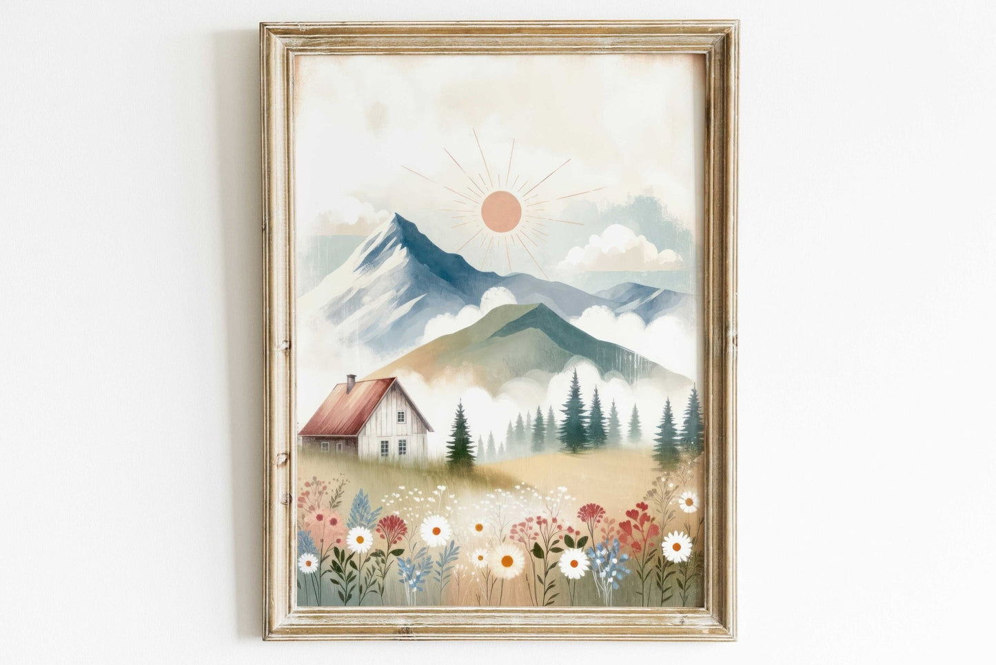 Wildflower & Mountain Nursery Prints, Whimsical Landscape Decor, Cabin Art - WildfieldPrints