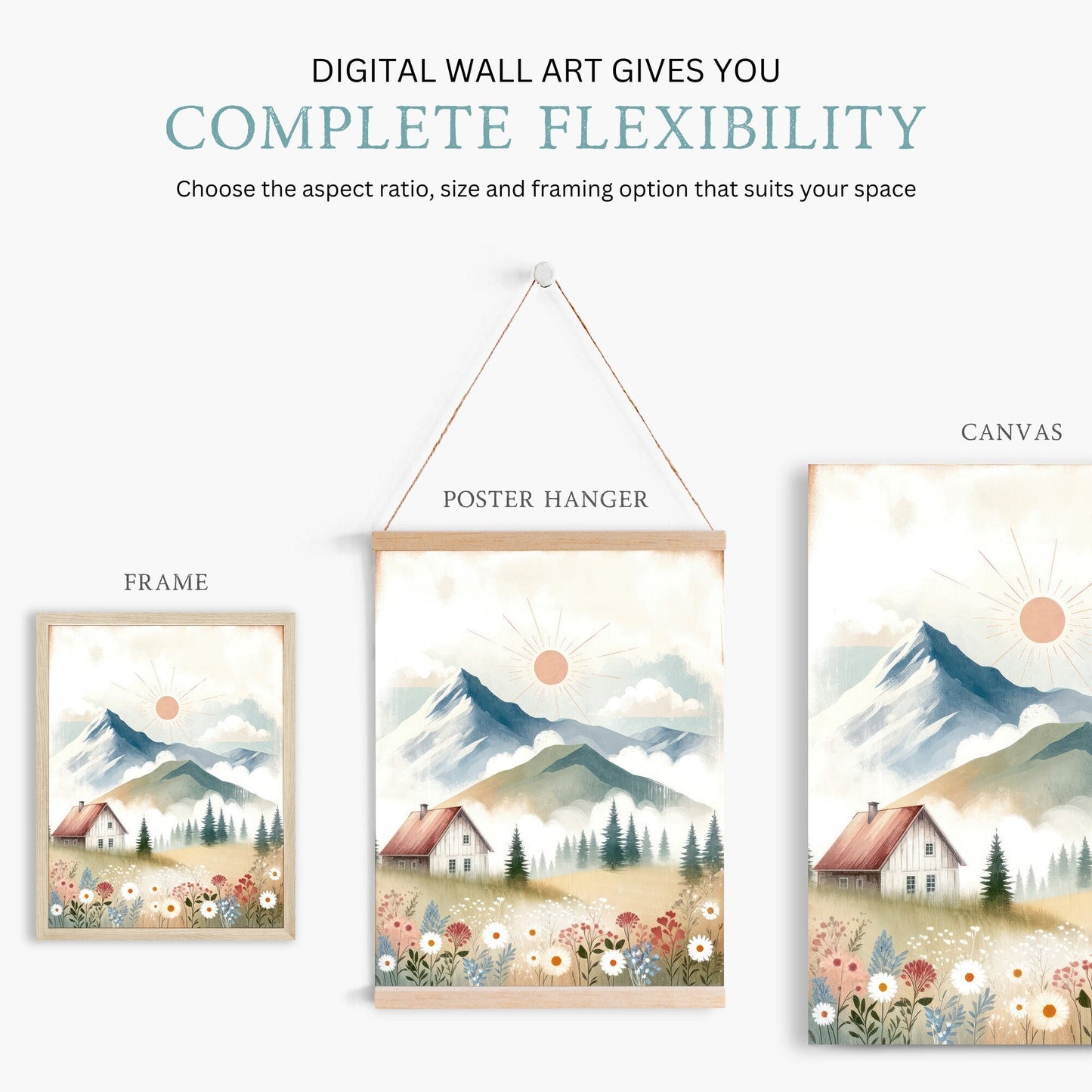 Wildflower & Mountain Nursery Prints, Whimsical Landscape Decor, Cabin Art - WildfieldPrints