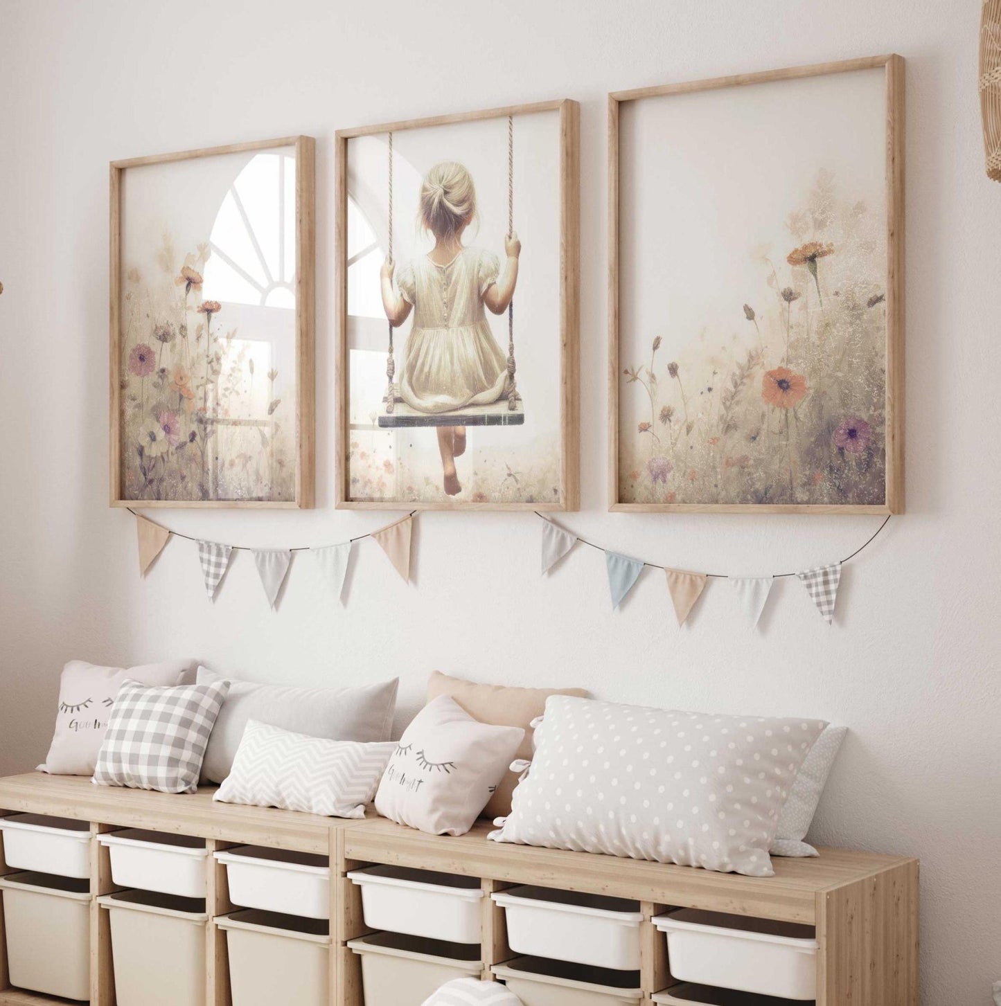 Wildflower Nursery Decor Girl, Girl on Swing Prints, Toddler Girl Wall Art, Set of 3, Vintage Girl Room, Wildflower Print,PRINTABLE Girl Art - My Store