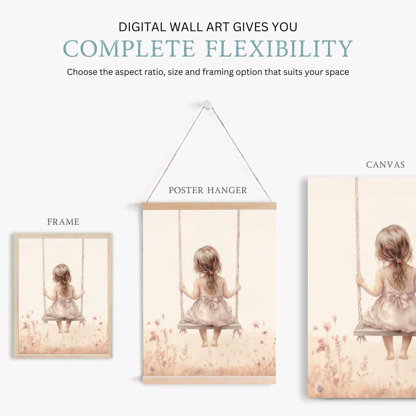 Wildflower Nursery Decor, Girl on a Swing Painting, Vintage Room Art - WildfieldPrints