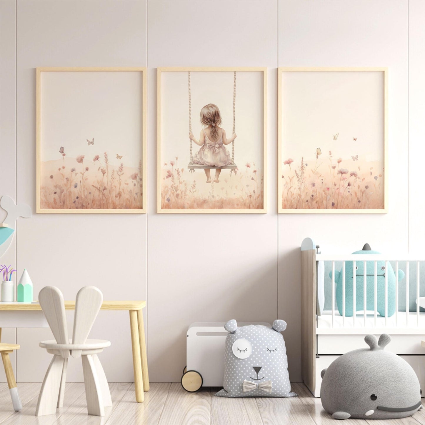 Wildflower Nursery Decor, Girl on a Swing Painting, Vintage Room Art - WildfieldPrints