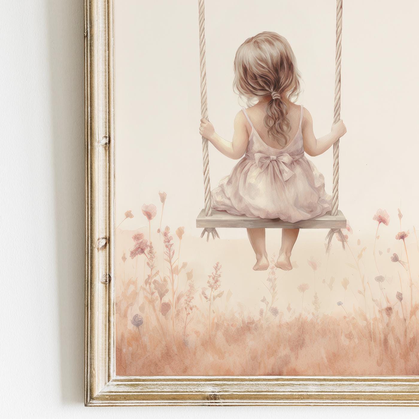 Wildflower Nursery Decor, Girl on a Swing Painting, Vintage Room Art - WildfieldPrints