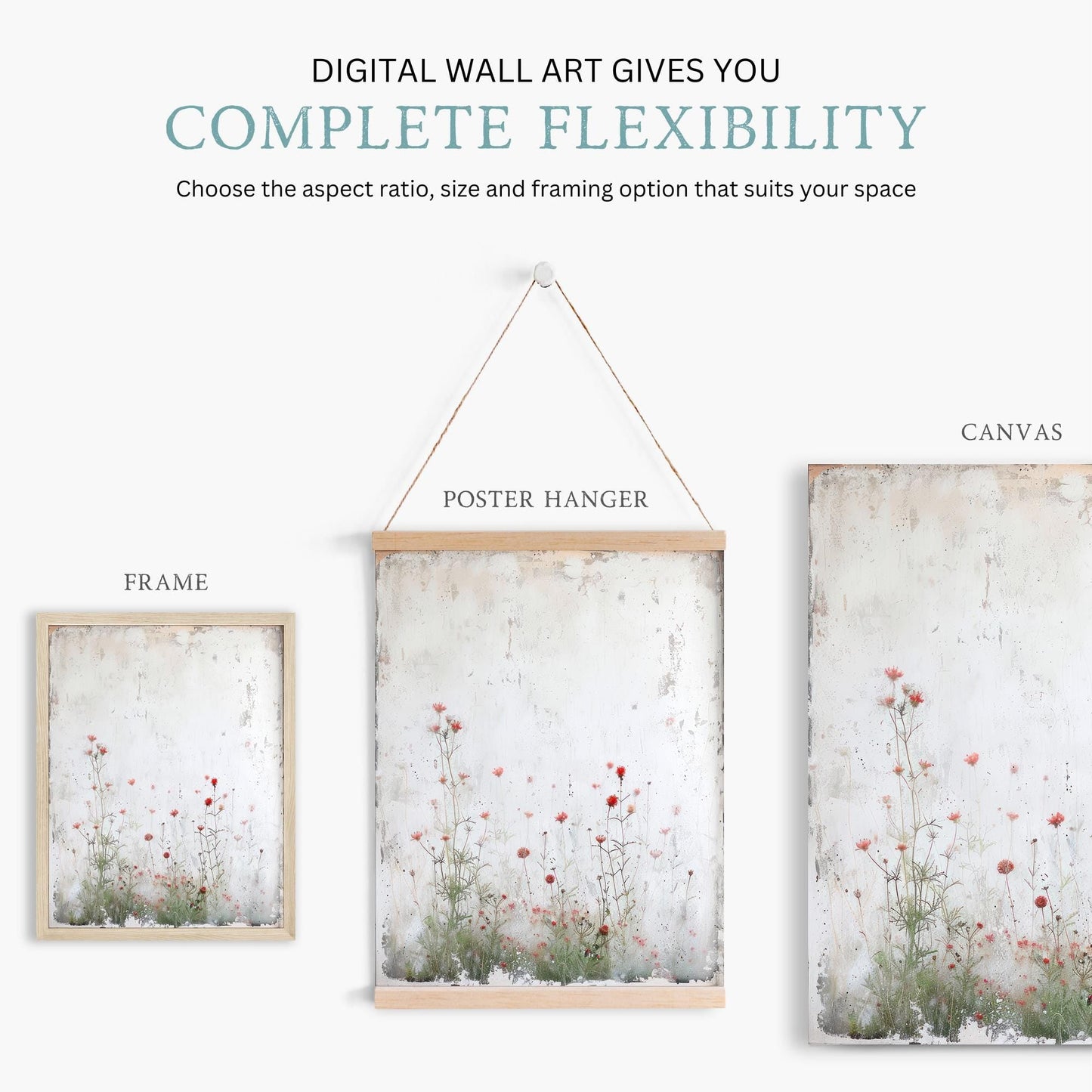 Wildflower Wall Art, Rustic Floral Wall Decor, Vintage Floral Print, Red Flowers, Botanical Art, Wildflower Home Decor, PRINTABLE Flower Art - My Store